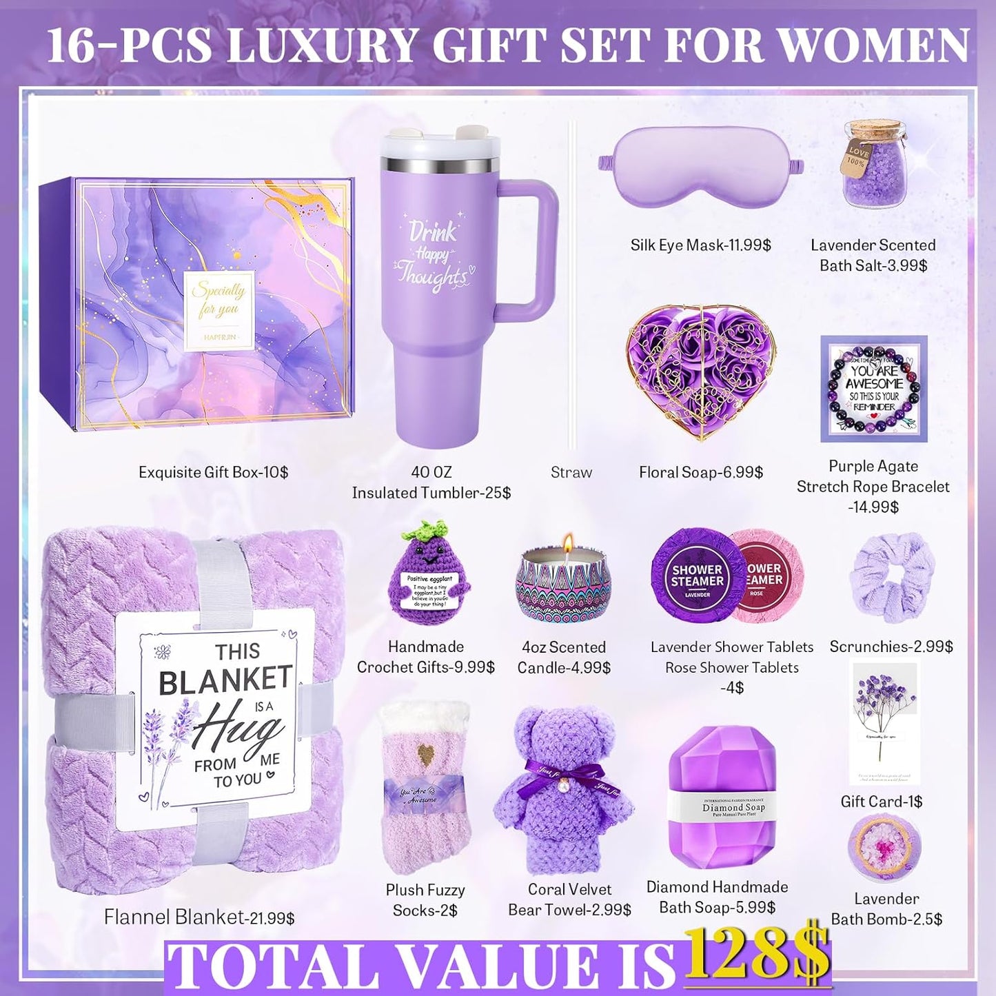 Birthday Gifts for Women Self Care Gifts Get Well Soon Gifts, Lavender Relaxing Spa Gifts Basket Care Package w/ Flannel Blanket 40 oz Tumbler, Unique Mothers Day Gifts for Mom Her Friend Sister Wife