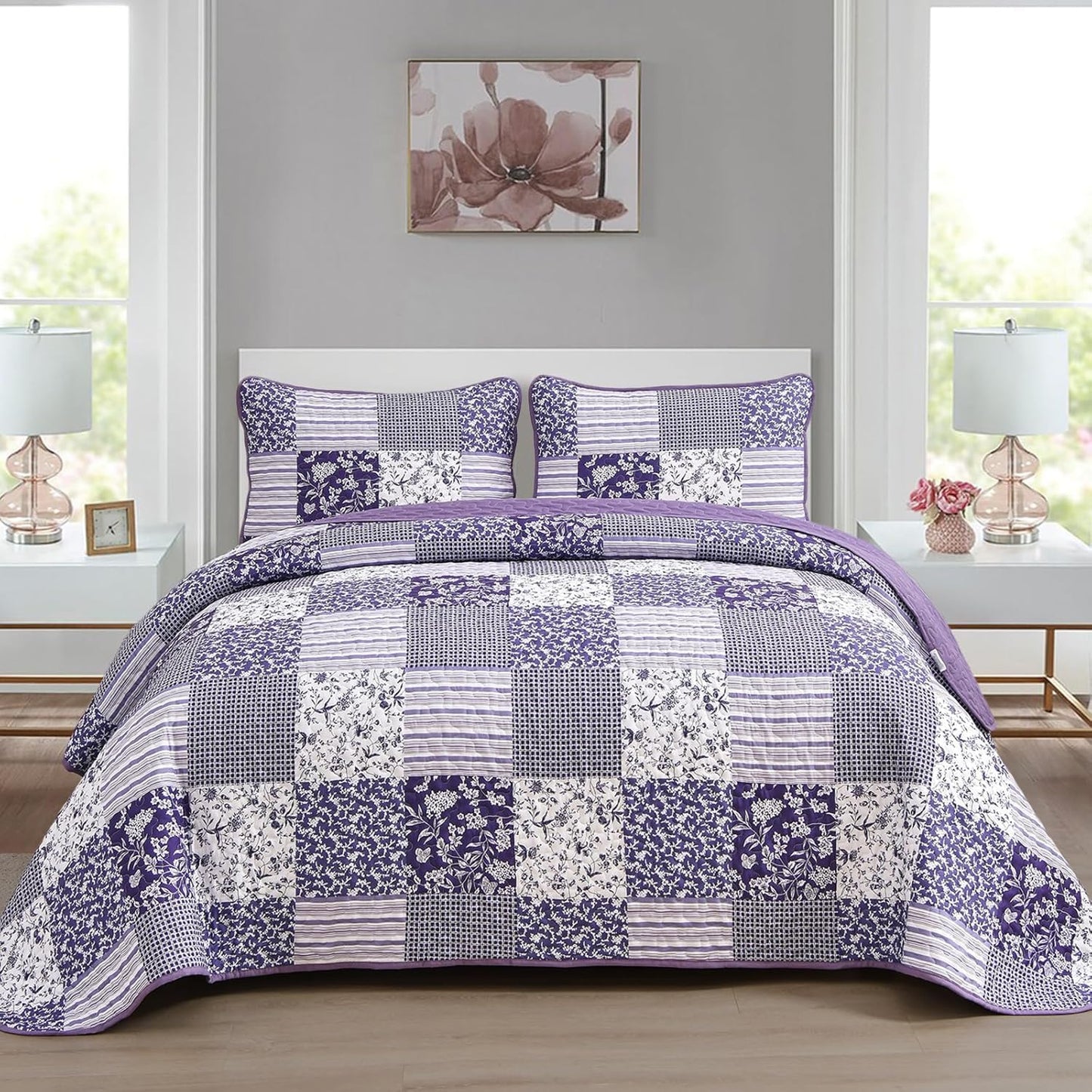 Mybedsoul Purple Quilt Set Full Size, 3 Pieces Plaid Floral Bedspread Set Patchwork Reversible Bedding Set Microfiber Lightweight Bedspread Coverlet Set for All Season 78"x90"