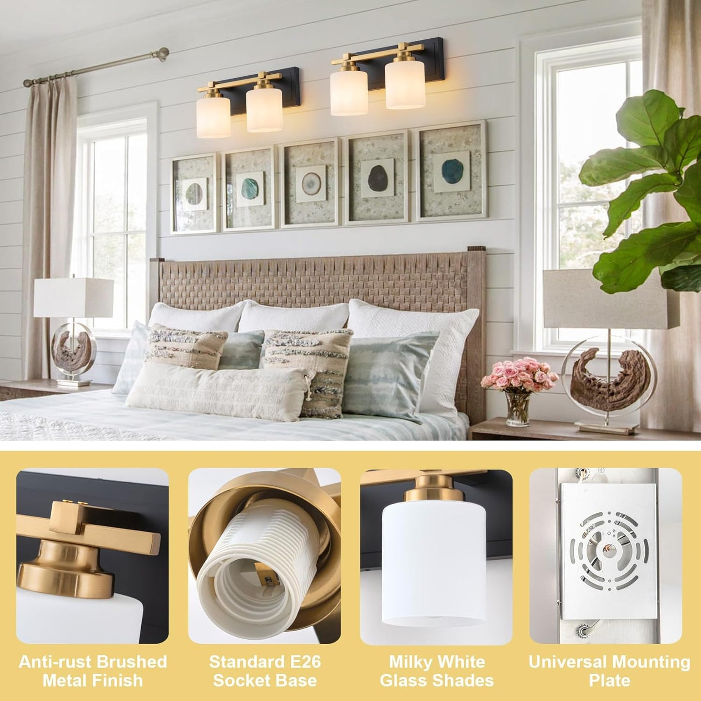 2 Light Modern Bathroom Light Fixtures Over Mirror, Black Gold Vanity Lights for Bathroom Wall Sconces with Milky White Glass Shades, E26 Socket (Bulbs Not Included)