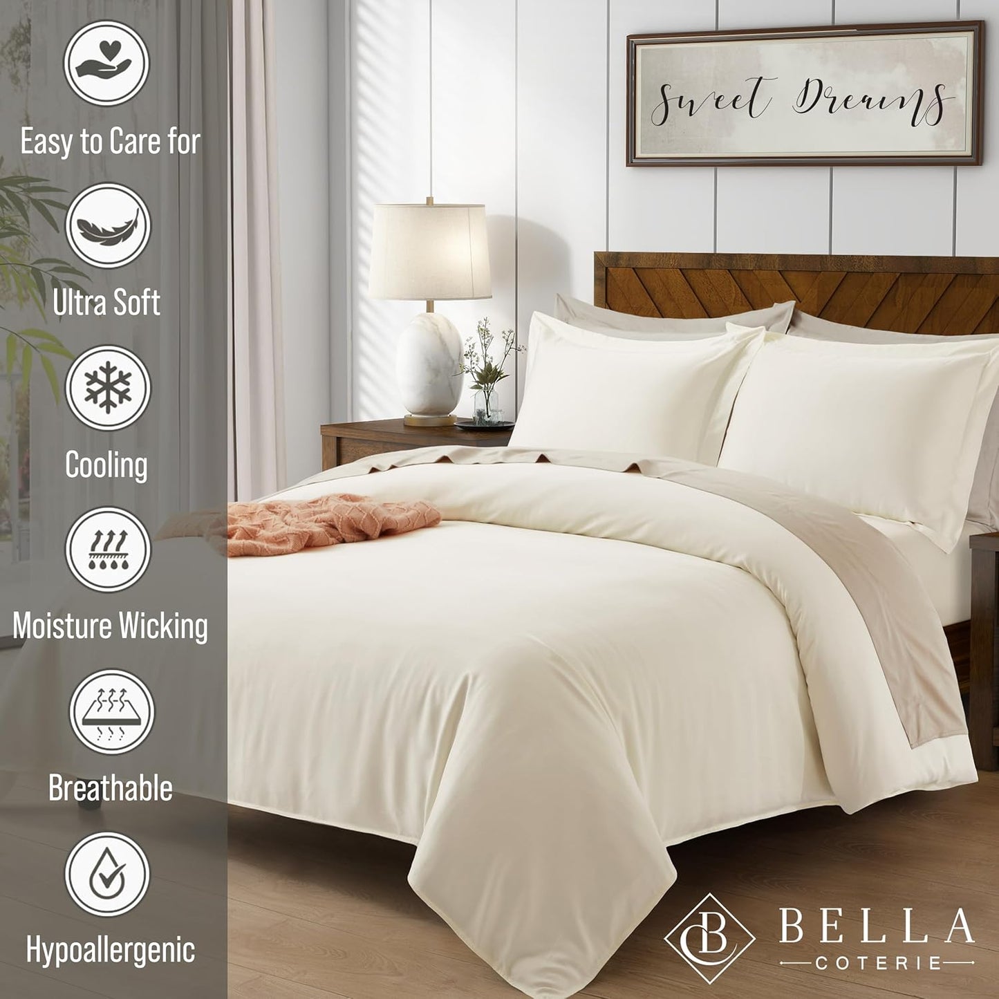 Bella Coterie Luxury Bamboo Viscose King Size Duvet Cover Set | 100% Organically Grown | Corner Ties | Ultra Soft | Cooling | Two Pillow Shams | 106 x 94 | No Insert [Ivory]