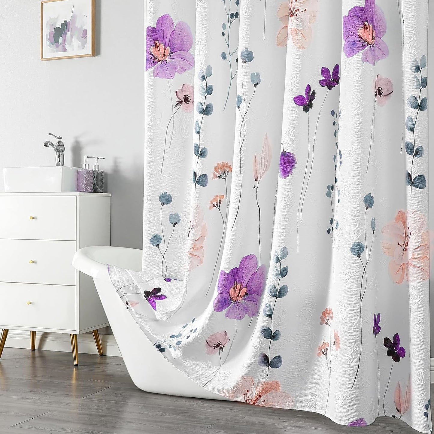QIYI Watercolor Floral Shower Curtain, 3D Embossed Butterflies Purple Pink Flower Bathroom Curtain, Minimalist White Cloth Bath Curtains, Waterproof Fabric Texture Shower Curtain Set with Hooks, 72x72
