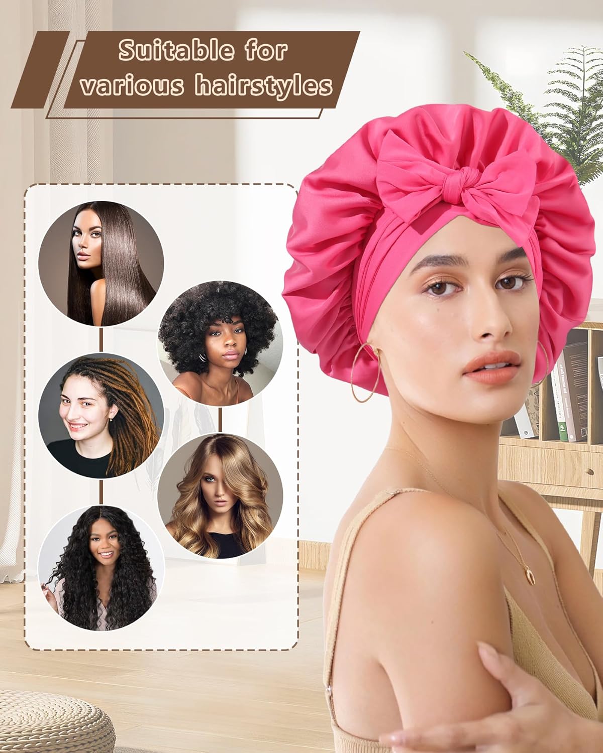 AWAYTR Women Satin Bonnet for Sleeping - Double Layer Silk Hair Bonnet with Elastic Tie Band for Braids Curly Hair