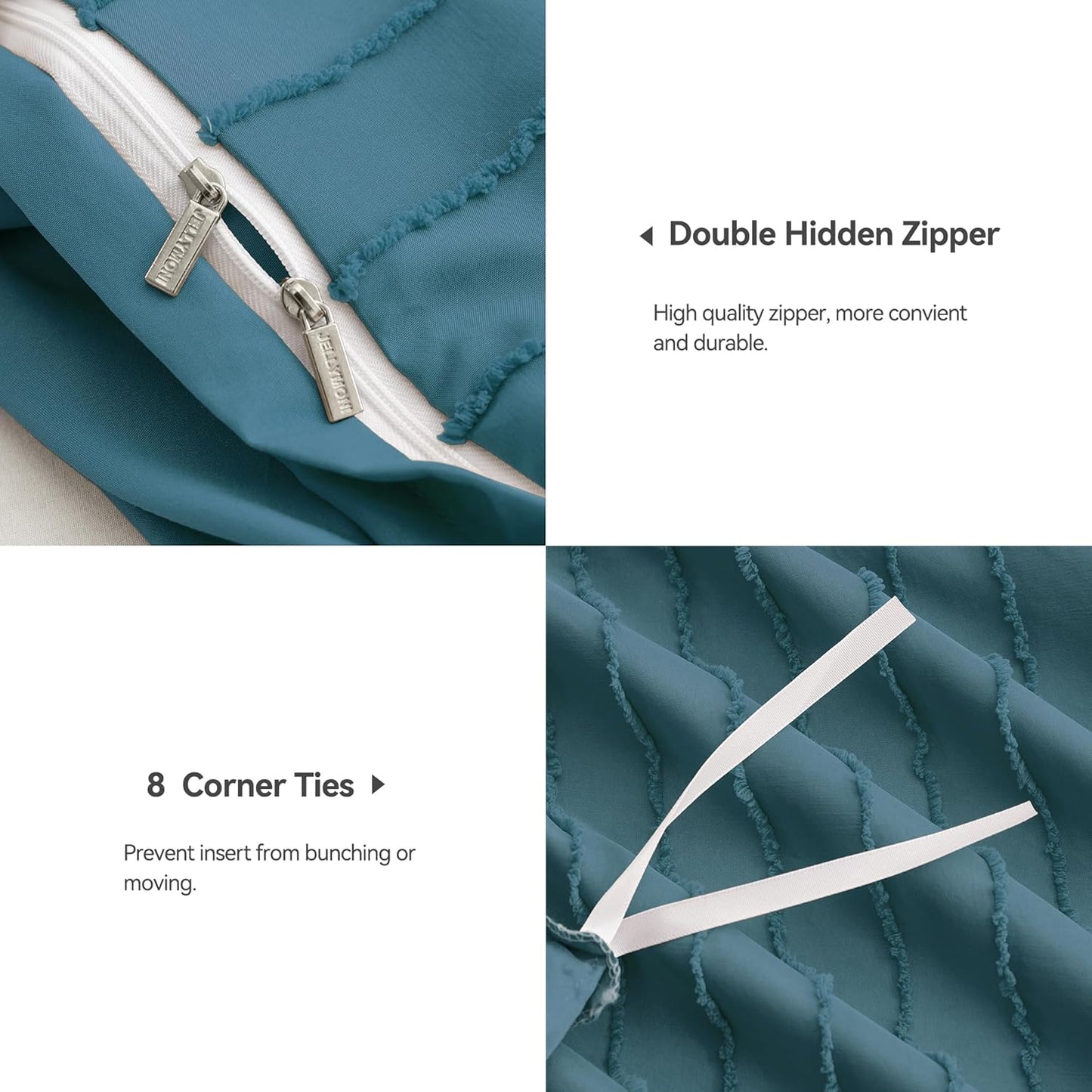 JELLYMONI Duvet Cover Queen Size Grayish Blue - 3PCS Boho Striped Duvet Cover Set Polyester Tufted Bohemian Textured Comforter Cover 90×90in with Corner Ties & Zipper and 2 Pillowcases