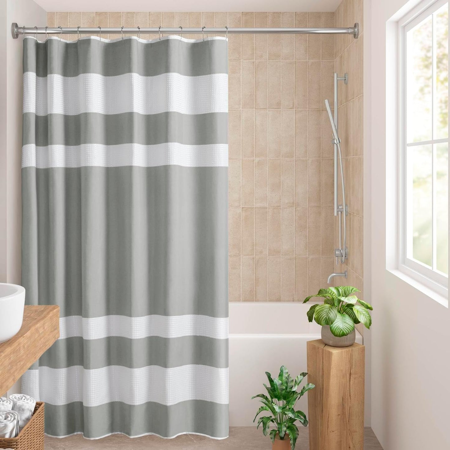 Madison Park Shower Curtain Waffle Weave Striped Pieced Design Fabric Shower Curtain with 3M Scotchgard Moisture Management Premium Spa Quality Modern Shower Curtains for Bathroom Stall 54"x78" Grey
