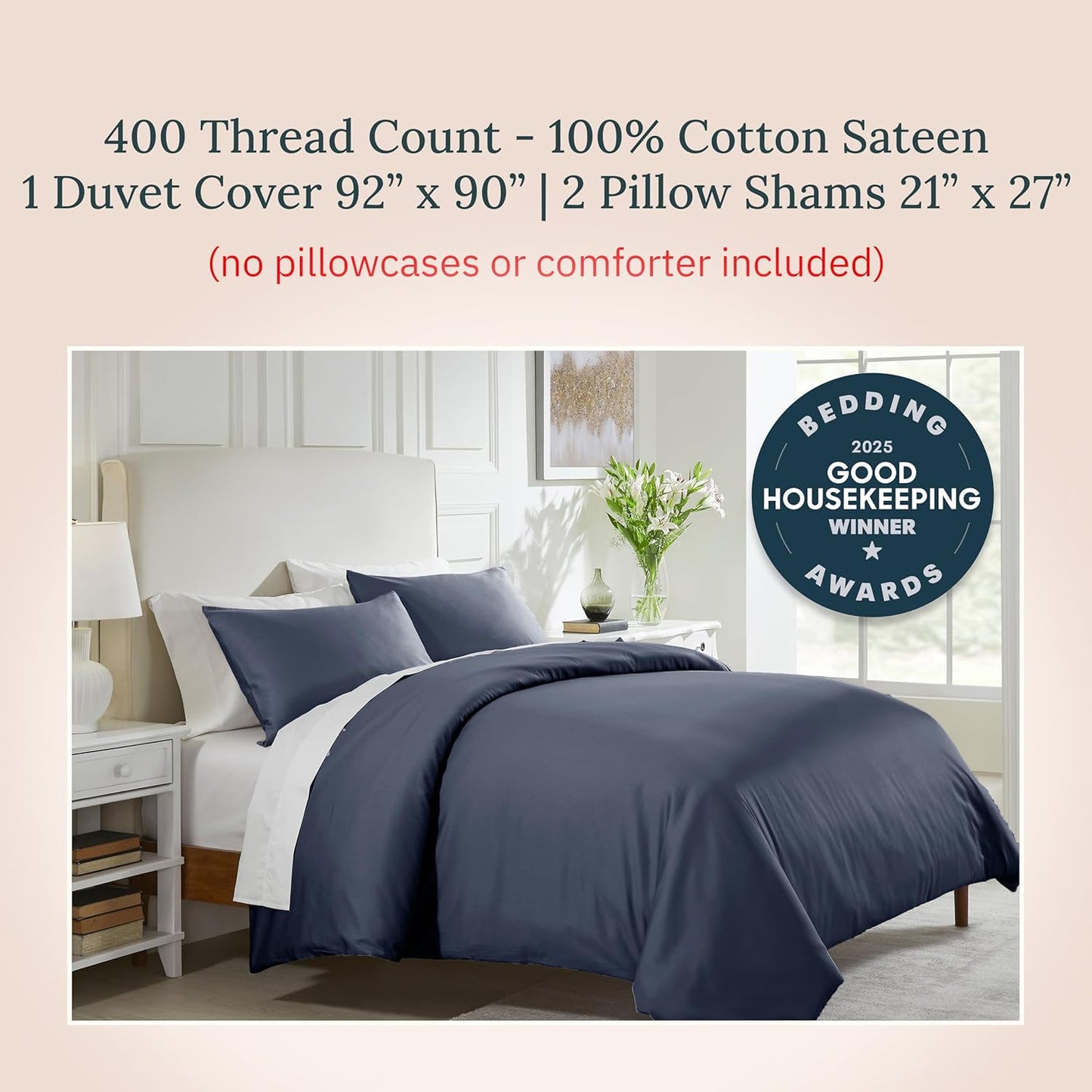 California Design Den 3 Pc Full/Queen Duvet Cover Set - Winner Good Housekeeping Best Bedding Awards 2025, 400 Thread Count Sateen, 100% Cotton, Button Closure, Corner Ties - Indigo Dusty Blue