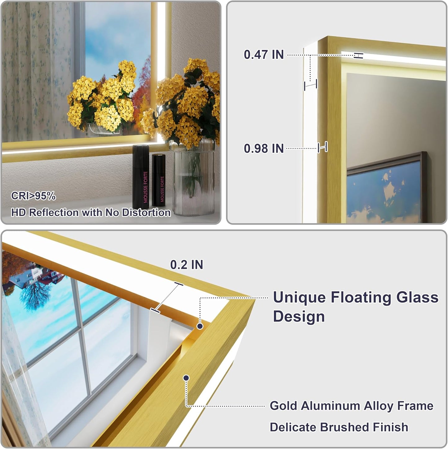 30x36 Inch Gold LED Bathroom Mirror with Front & Back Lights, Adjustable 3000K/4500K/6000K, Wall Mounted Lighted Bathroom Vanity Mirrors, Anti-Fog, Dimmable, Horizontal/Vertical