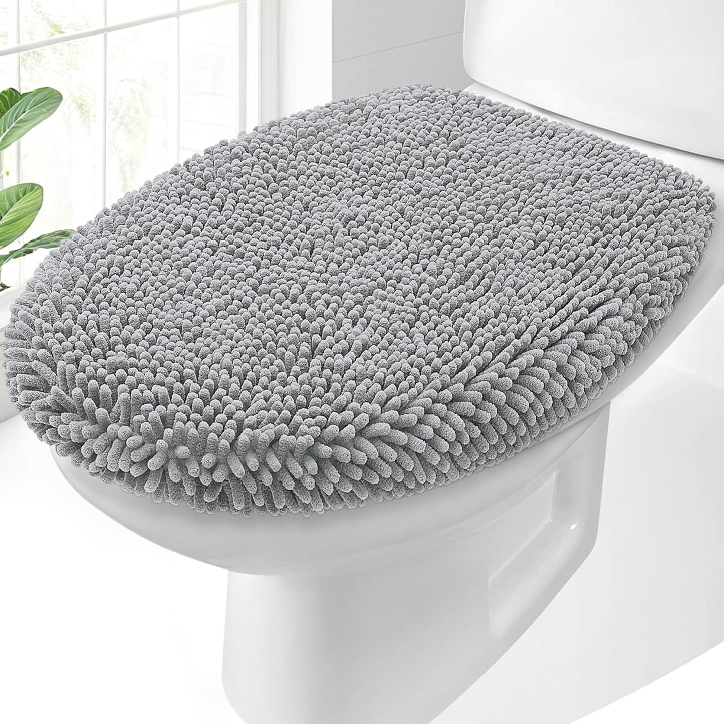 OLANLY Soft Chenille Bathroom Toilet Lid Cover, Machine Washable Seat Covers, 17.5x15, Stays in Place Rubber Backing, Fits Most Round, Elongated and Oblong Lids, Accessories Decor, Light Gray