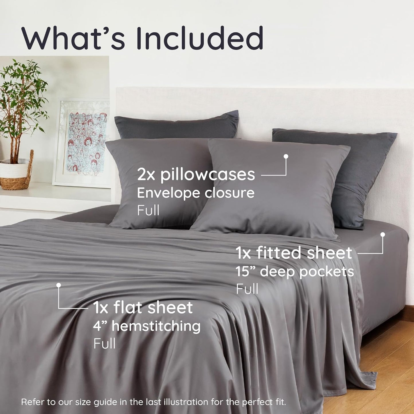 Bambaw 4pcs Full Size Sheet Set - 100% Viscose Derived from Bamboo - Cooling, Soft, Modern - Dark Gray