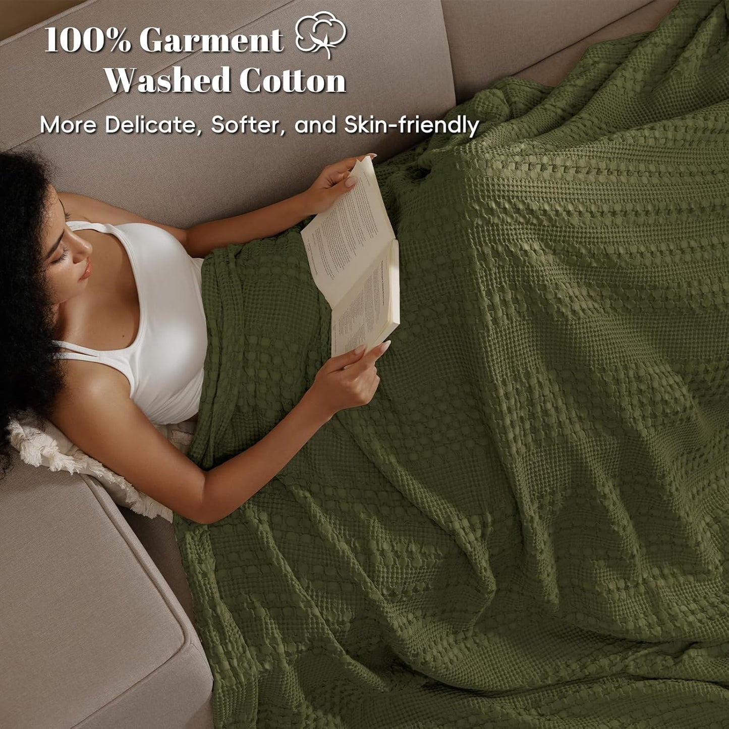 PHF 100% Cotton Waffle Weave Blanket Twin Size for Bed, Soft Lightweight & Breathable, All-Season Comfort, Luxury Aesthetic Woven Bedding for Home Decor, 66"x90", Capulet Olive