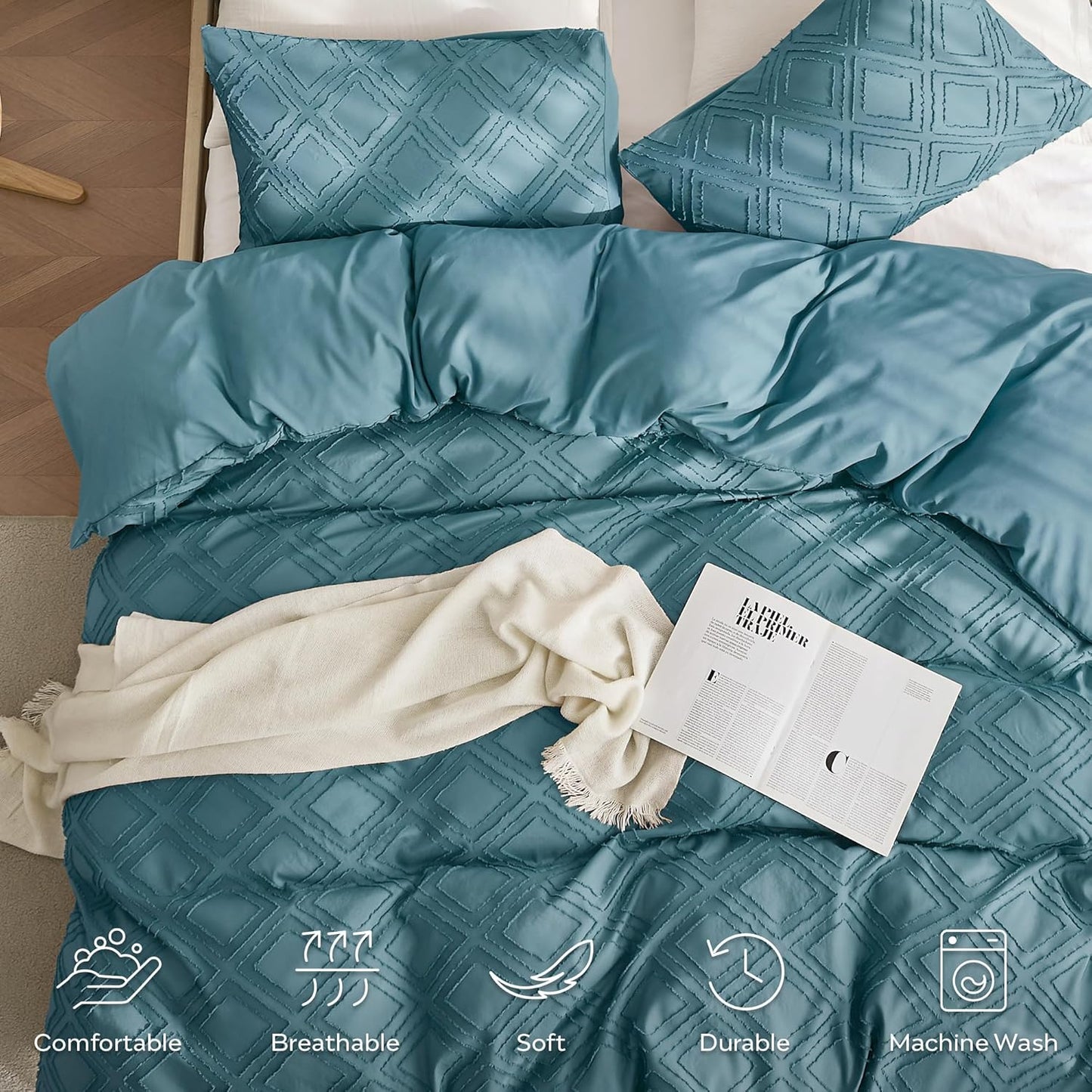 JELLYMONI Duvet Cover Queen Size Grayish Blue - 3PCS Boho Duvet Cover Set Plaid Polyester Tufted Bohemian Jacquard Knit Textured Comforter Cover 90×90in Rhombic Geometric Pattern Zipper Corner Tie