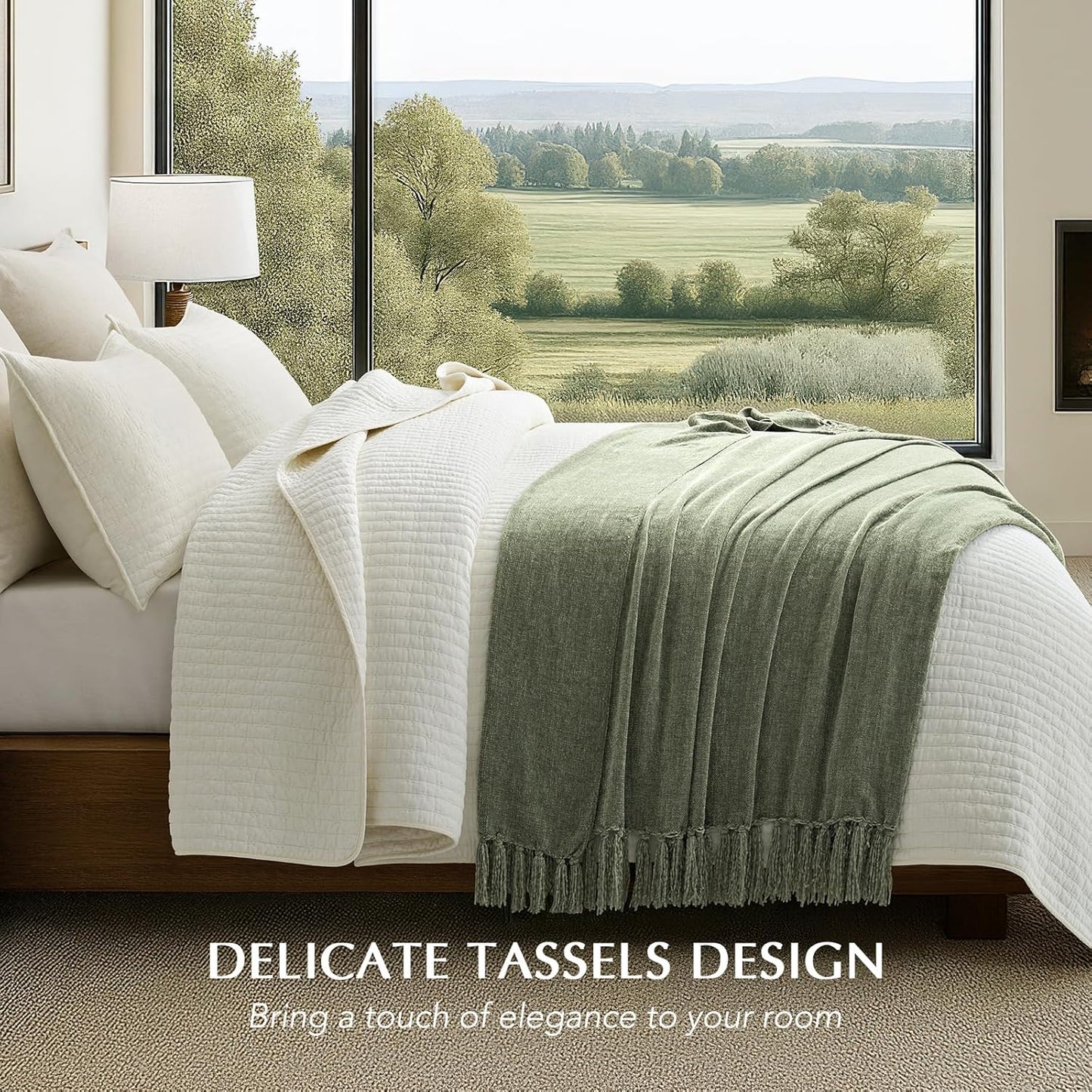 EVERGRACE Soft Chenille Throw Blanket for Couch, Cozy Plush Fuzzy Decorative Chenille Knit Throw Blanket with Tassels, Lightweight Blanket and Throws for Bed Sofa Gift Home Decor, Sage Green 60"x80"
