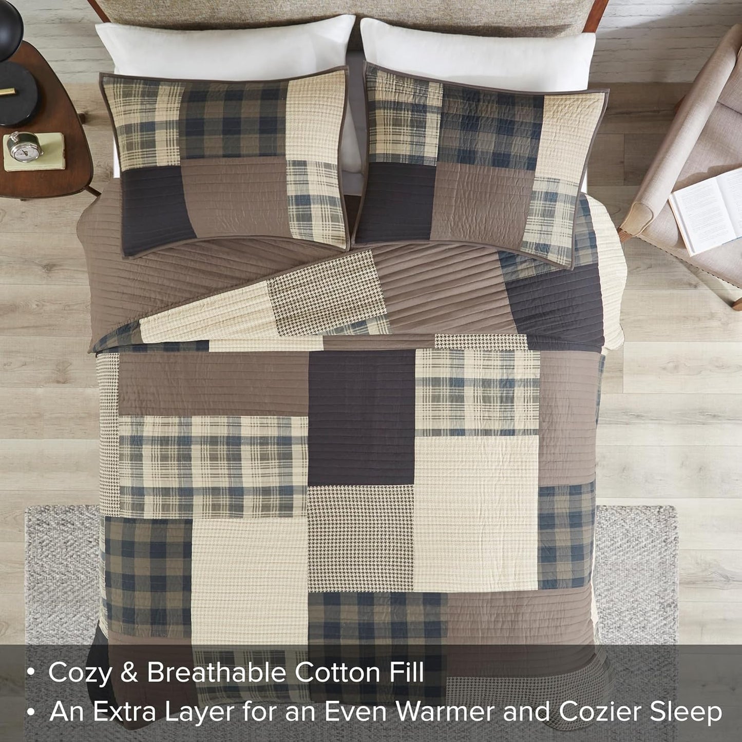 Woolrich Quilt Set Patchwork Channel Quilting, Cottege Coverlet for Twin Size Bed All Seasons, Lightweight Prewashed Cotton Coverlet Bedspread, Shams, Winter Hills, Oversized Twin/Twin XL Tan 2 Piece