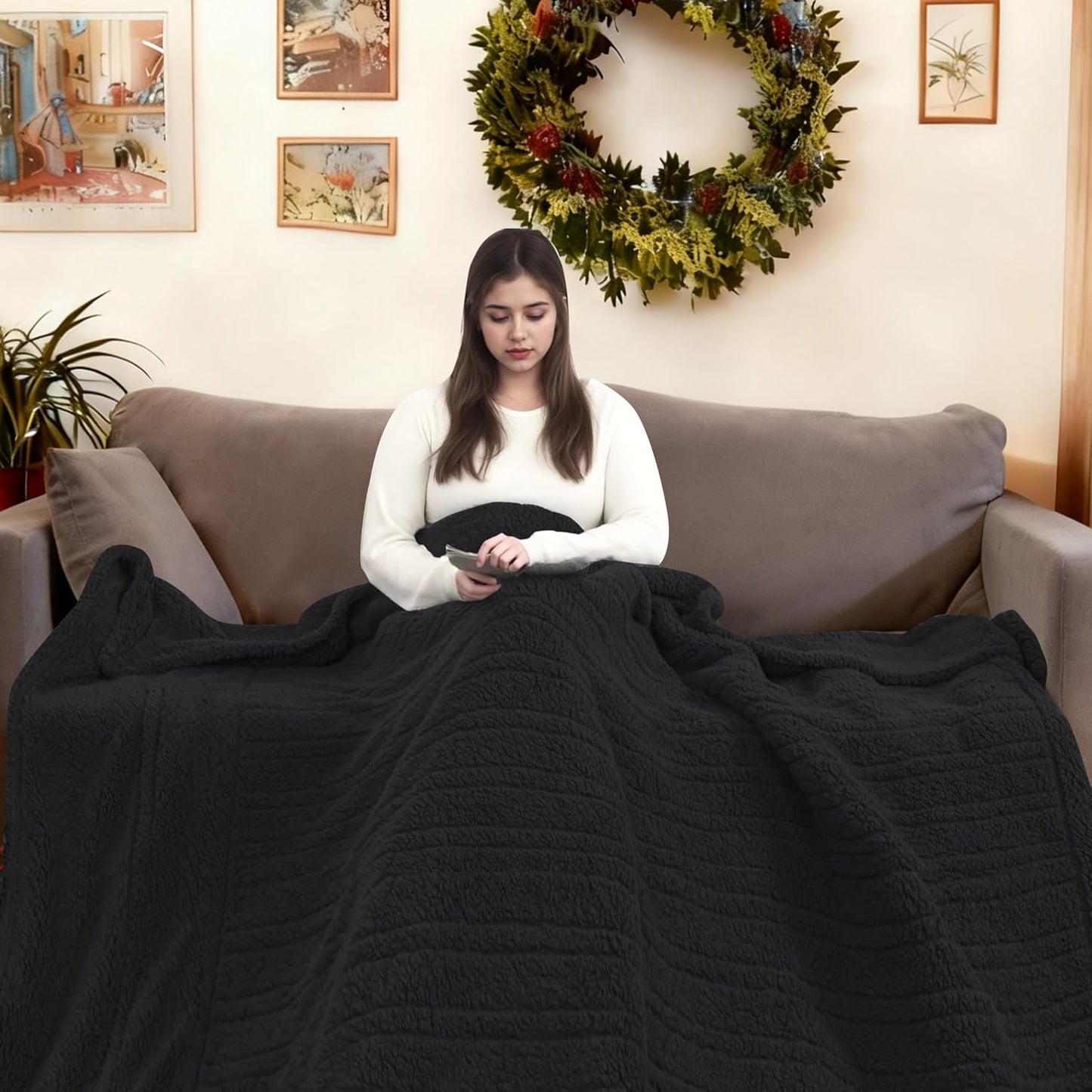 Electric Heated Blanket 6 Heating Settings & 10H Auto Off Full 72×84 Double Sided Plush Sherpa Ultra-Soft Warm Thick, Machine Washable, Fast Heating, Home Office Black