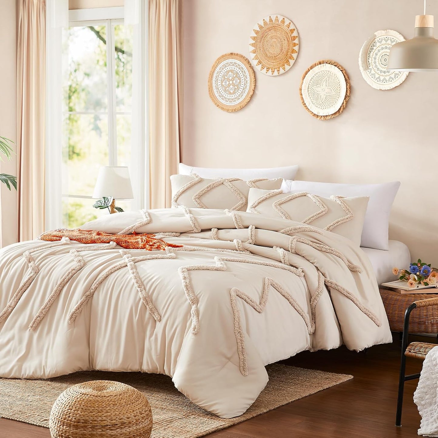 Cupocupa King Size Comforter Set;Beige Boho Tufted Lightweight Bedding Sets 3PCS Soft Jacquard Comforter with 2 Pillow Cases for All Season