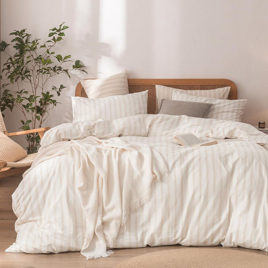 BESTOUCH Duvet Cover Set 100% Washed Cotton Linen Feel Super Soft Comfortable Chic Lightweight 3 PCs Home Bedding Set White & Almond Grey Stripes King
