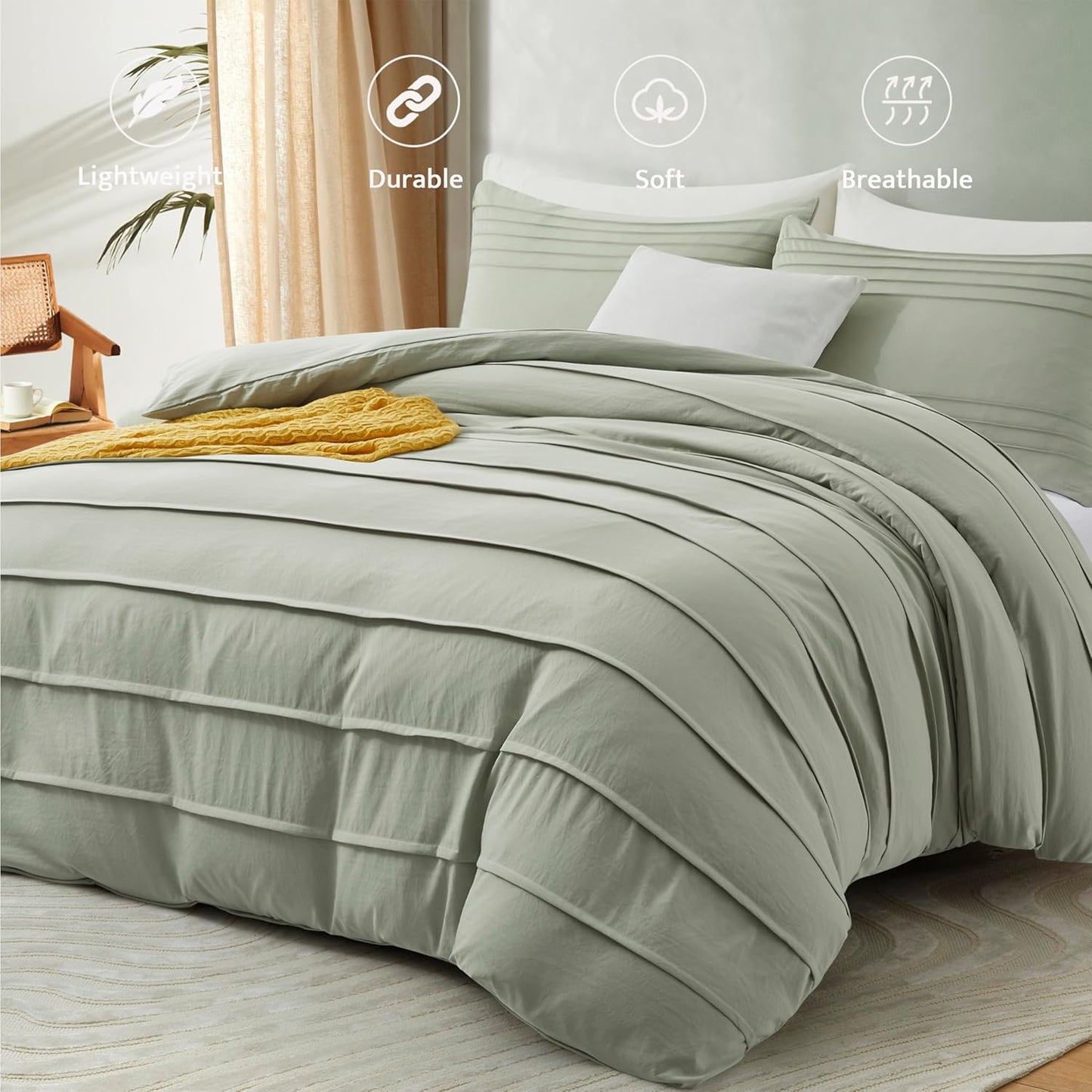 Oli Anderson Mist Sage Duvet Cover King Size - Pleated King Duvet Cover, 3PCS Soft and Breathable Textured Bedding Set with Zipper Closure(Mist Sage,104"x90")
