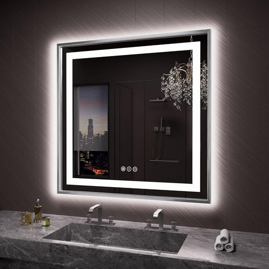 Amorho 36"X36" LED Bathroom Mirror, Brushed Nickel Framed Mirror with Front Light and Backlit, Stepless Dimmable, Anti-Fog, Shatter-Proof, Memory, 3 Colors