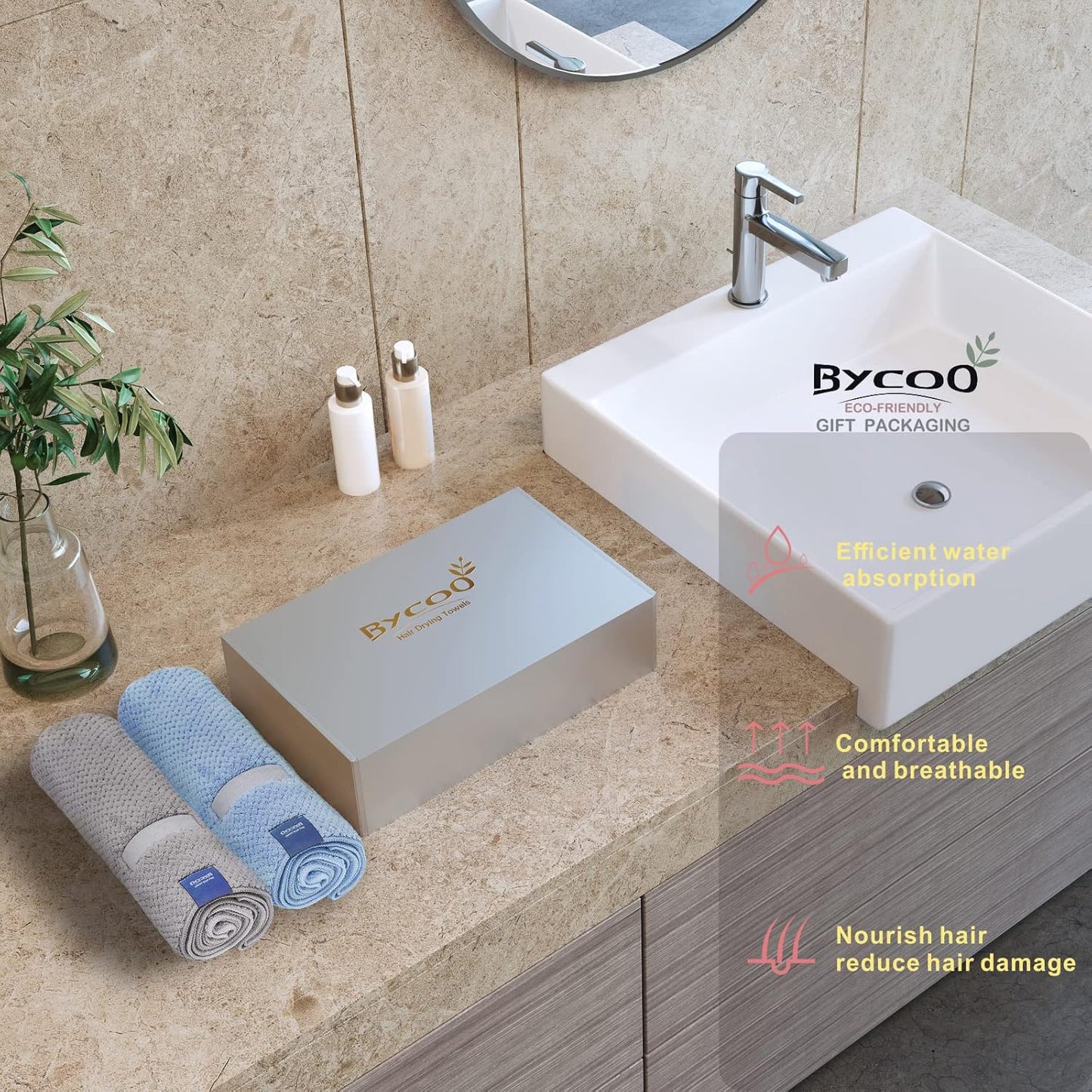 2 Pack Large Microfiber Hair Towel Wrap for Women, Anti Frizz Hair Drying Towel, Fast Dry Hair Turban for Wet Hair, Long, Thick, Curly Hair, Super Absorbent Soft Hair Towels (Blue & Gray)