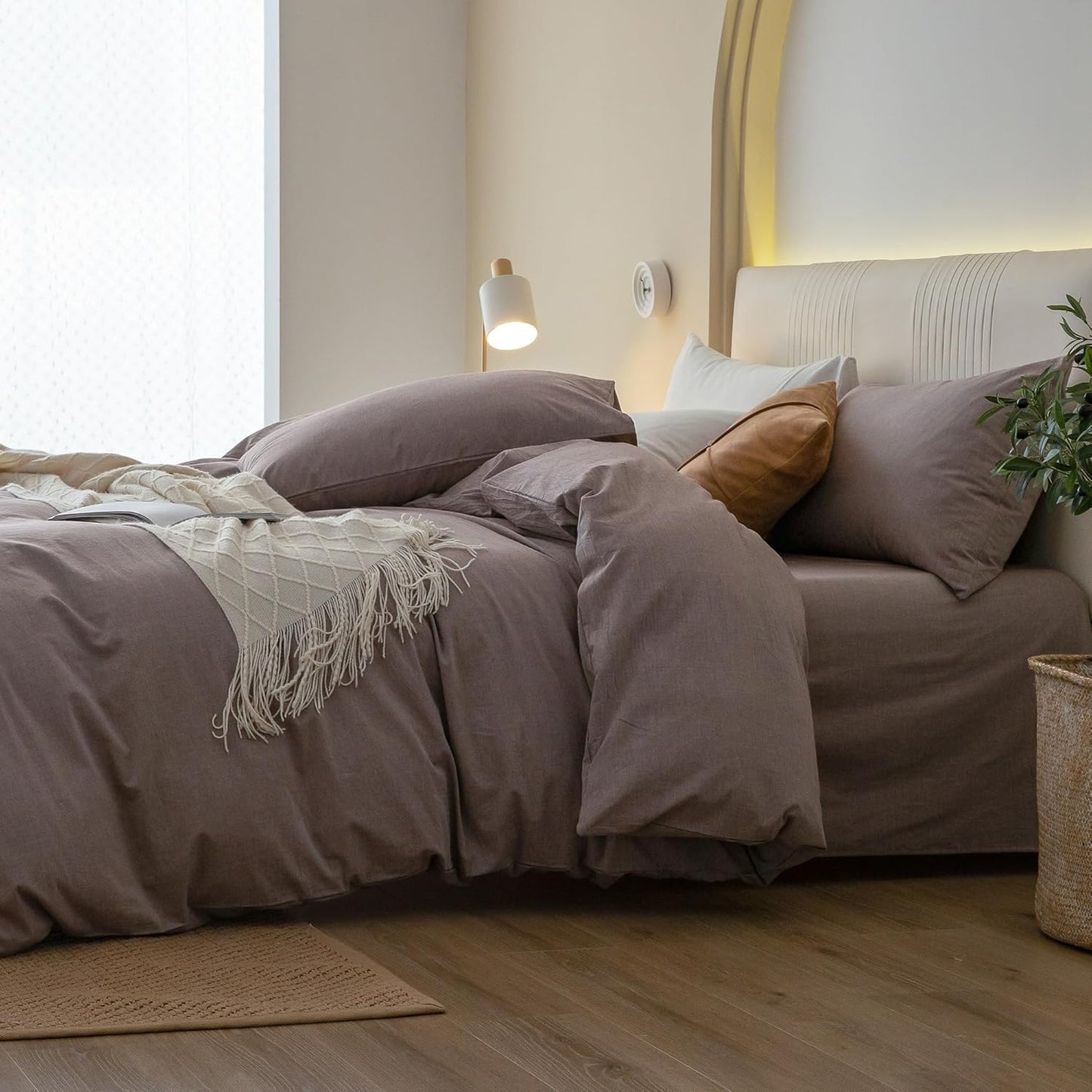 JIYUAN 100% Washed Cotton Duvet Cover Set 2 Pieces Twin, 1 Duvet Cover 68x90 Inches(Comforter Not Included) and 1 Pillowcases,Linen Feel Bedding Set Comfy and Breathable, Heathered Mauve Brown