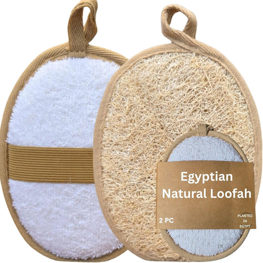 Egyptian Natural Loofah Pad Exfoliating Body Scrubber - Vegan Double Sided Luffa Sponges Deep Clean Your Body, Face & Back While an Exfoliating Washcloth Side Removes Oils - 6.9 x 4.7 Inches, 2 Pack