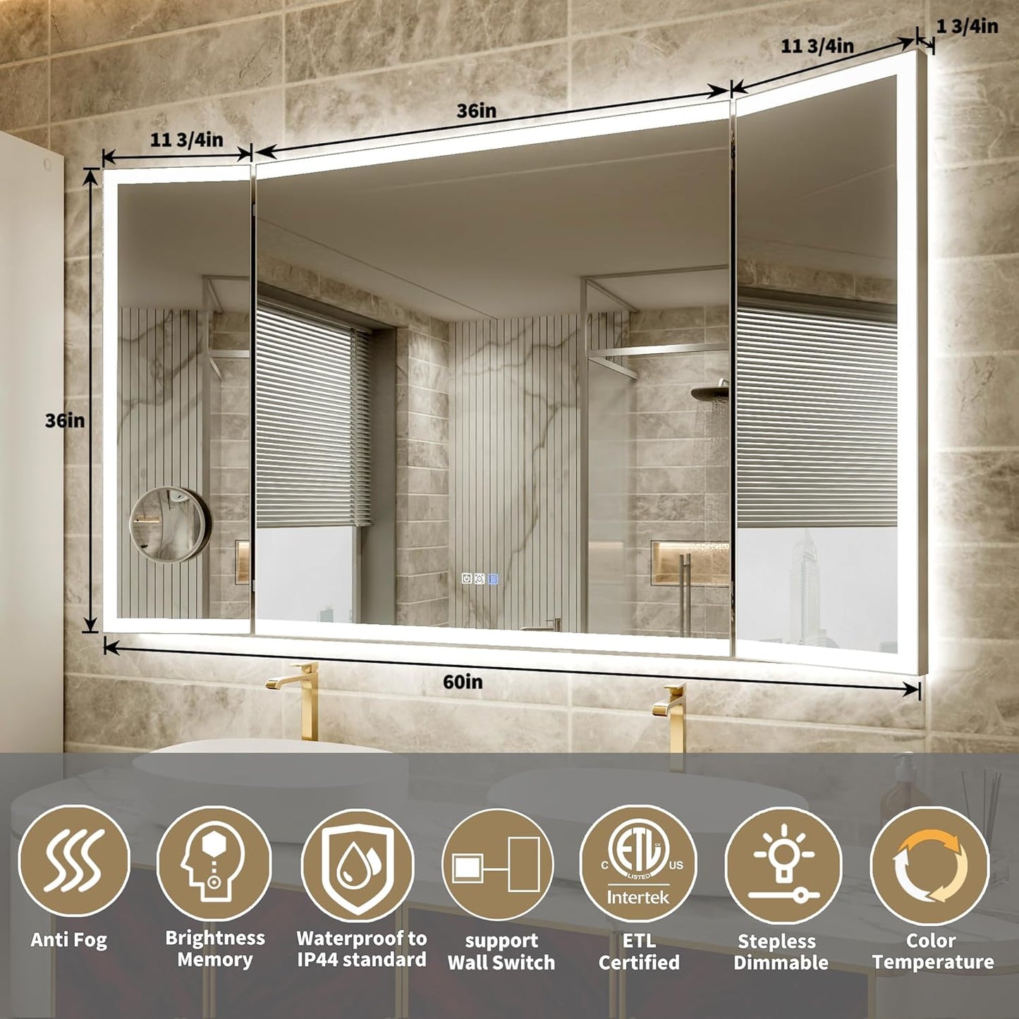 60x36 Trifold Bathroom Mirror with Lights with Removable Magnifier, 180° Foldable LED Mirror for Bathroom, Front&Backlit, Wall Mounted, Stepless Dimming, Color Temper Change, Anti Fog