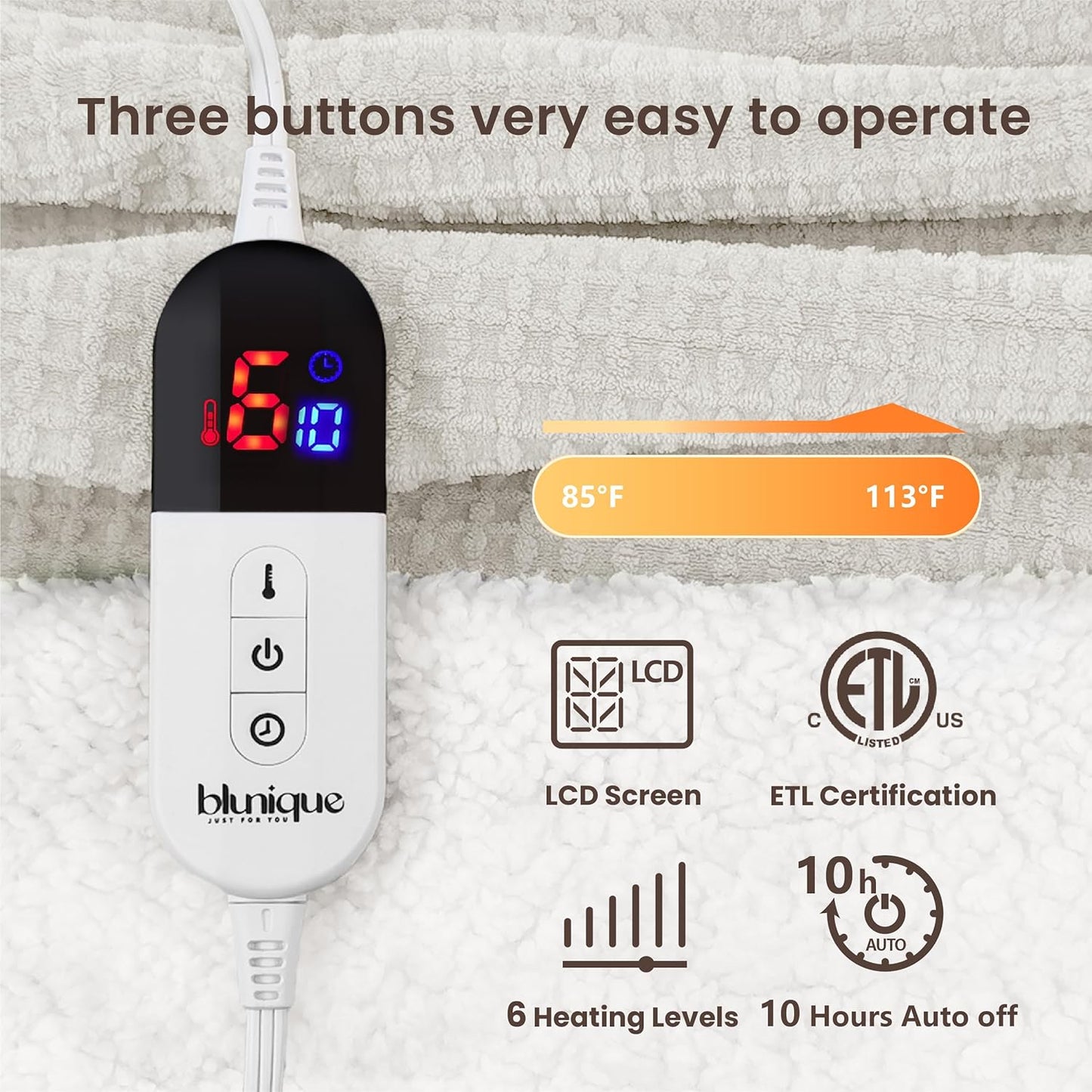 Heated Blanket Electric Blanket Twin Waffle, 62x84 Inches Sherpa Fleece Fast Heating Blanket 6 Heating Levels & 10 Hours Auto Off ETL Certification,Beige Twin