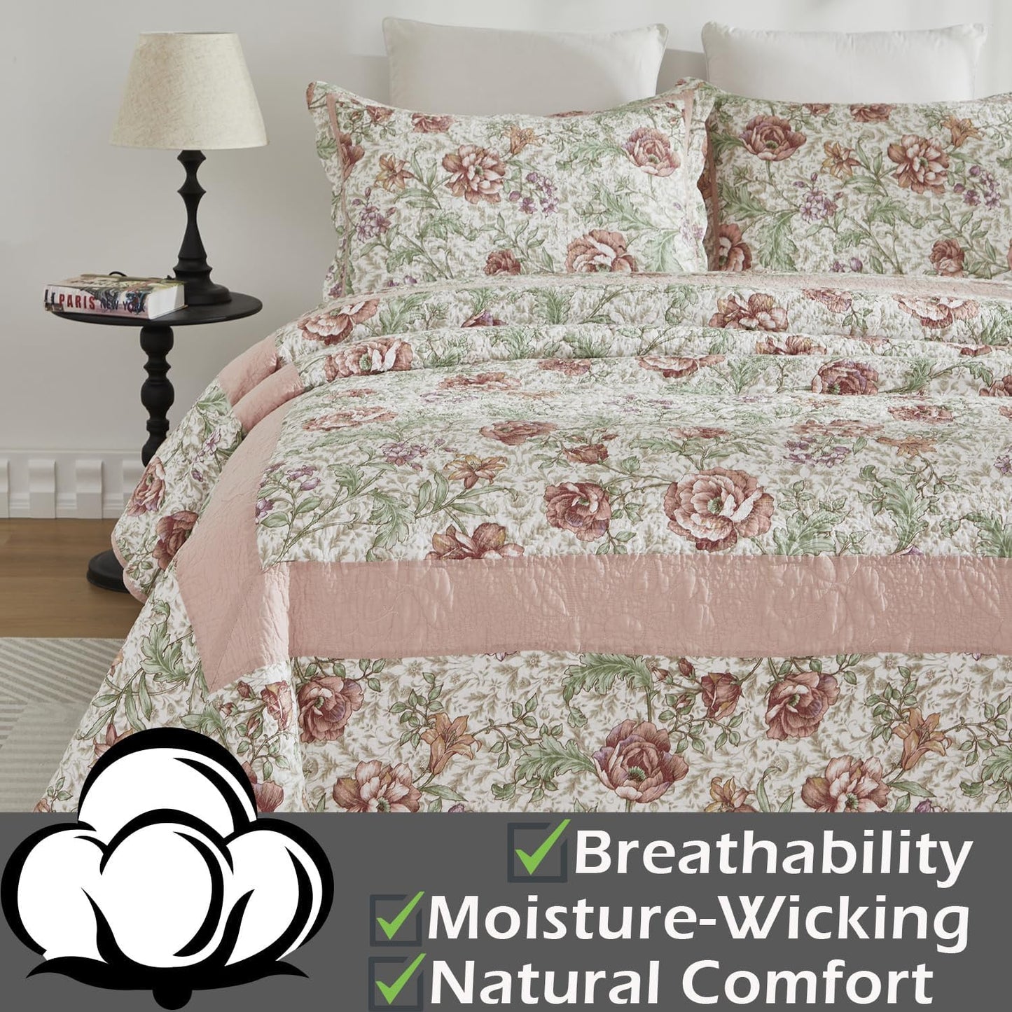 Brandeam Queen Size Quilt Set Cotton Pink Floral Quilts Country Rustic Patchwork Quilts Lightweight Summer Bedspread 3-Piece