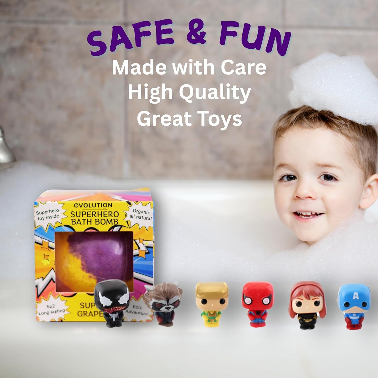 EvolutionUSA 1pc Epic Superhero Bath Bombs for Kids, Super Hero Bath Bomb with Toy Inside, Lush Childrens Bathbomb, Organic Bathbomb with Surprise Inside, Fizzy Fun Superhero Bath Ball Bath Toy