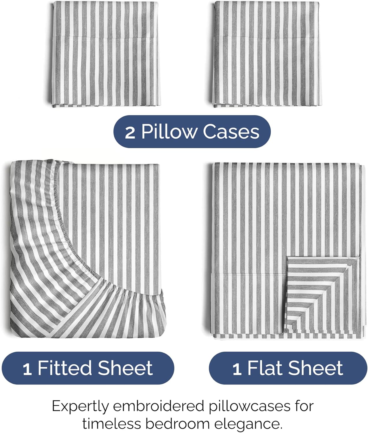 Cal King Size 4 Piece Sheet Set - Extra Soft, Breathable and Cooling Sheets - Hotel Luxury Bed Sheets for Women & Men - Deep Pockets, Easy-Fit & Wrinkle-Free Sheets - Grey Stripes Oeko-Tex Bed Sheets