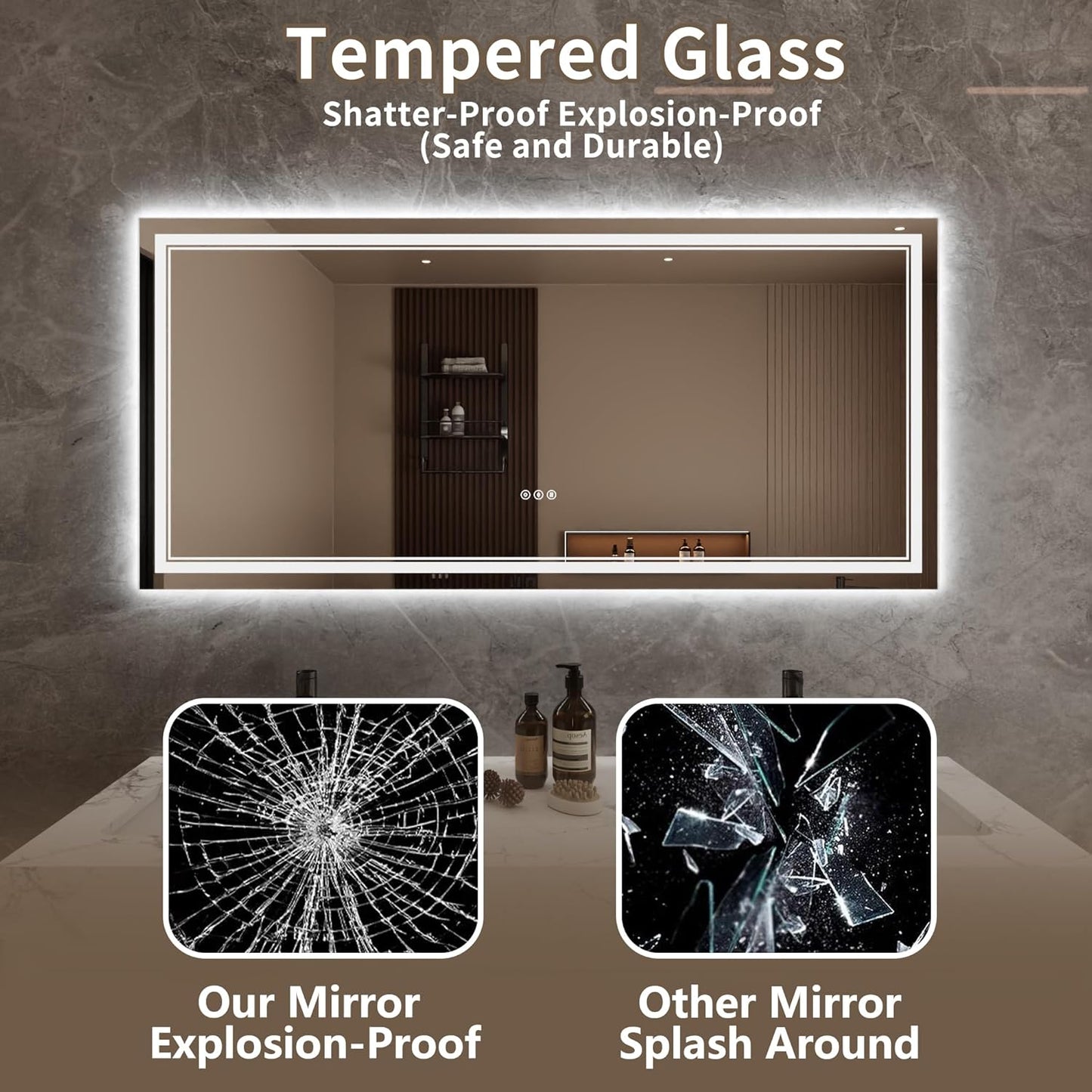 Bathroom Mirror with Lights 28"X60" with Front Light and Backlit, Tempered Glass, Wall Mount Horizontal/Vertical, Stepless Dimmable, 3 Colors, Anti Fog, Bathroom Memory LED Mirror
