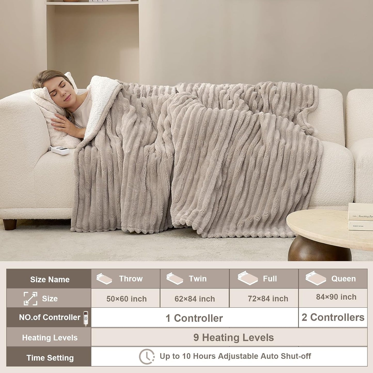 Hansleep Heated Blanket Electric Blanket Twin, Heating Blanket with 9 Heating Levels and 10-Hour Timer Auto Shut Off, Washable Soft Warm Winter Blanket, 62 x 84 Inches, Linen