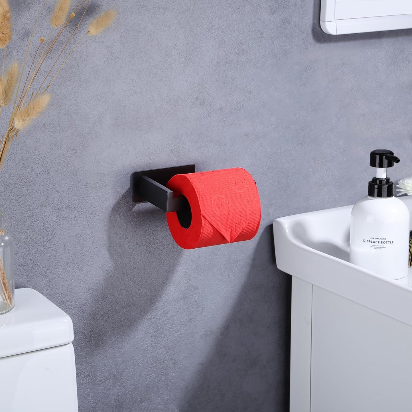 LANC Self-Adhesive Toilet Paper Holder, Matte Black Toilet Tissue Holder Wall Mounted for Bathroom Kitchen Stick On Paper Roll Holder with No Drilling Rustproof Stainless Steel, A8307MB