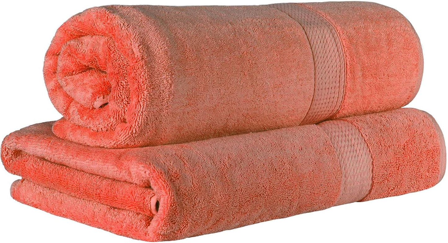 Superior Egyptian Cotton Pile Bath Sheet Set of 2, Ultra Soft Luxury Towels, Thick Plush Essentials, Absorbent Heavyweight, Guest Bath, Hotel, Spa, Home Bathroom, Shower Basics, Coral