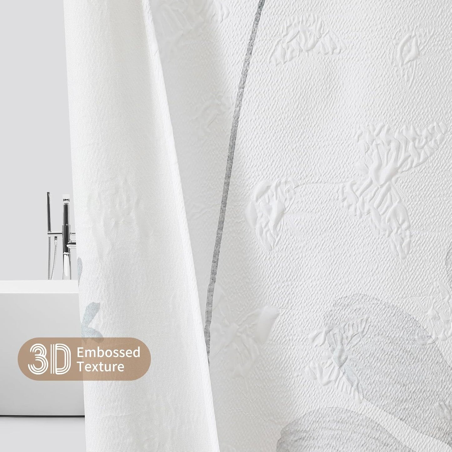 QiyI Floral Shower Curtain, 3D Embossed Butterflies Flower Bathroom Curtain, Watercolor Grey Daisy Minimalist White Cloth Bath Curtain, Waterproof Fabric Soft Shower Curtain Set with Hooks, 72x72