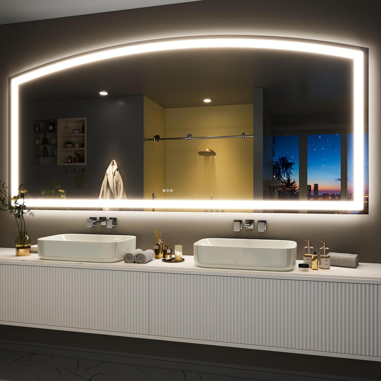 Hasipu 84x40 Inch LED Bathroom Mirror Arch Vanity Mirror with Lights Frontlit Smart Touch Sensor Dimmable 3 Colors Temperature Shatterproof Wall-Mounted Vanity Mirror Metal Frame