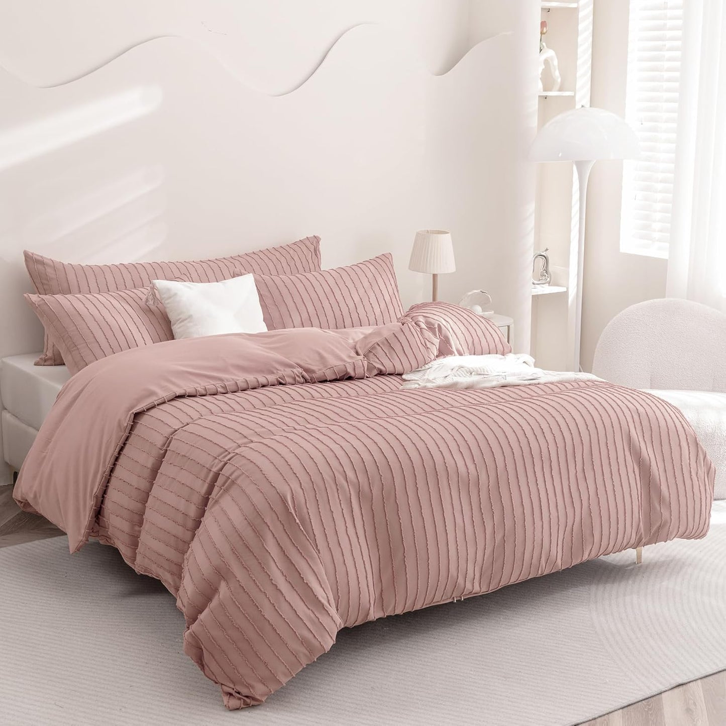 JELLYMONI Duvet Cover Queen Size Smokey Pink - 3PCS Boho Striped Duvet Cover Set Polyester Tufted Bohemian Textured Comforter Cover 90×90in with Corner Ties & Zipper and 2 Pillowcases