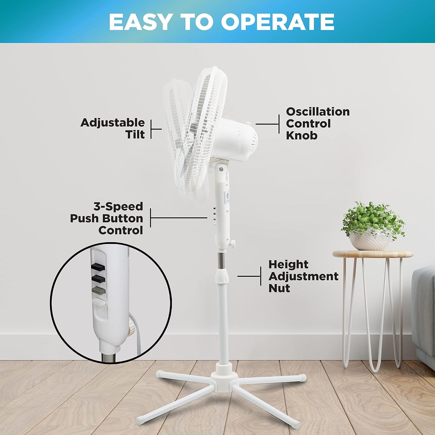 Comfort Zone Stand Fan, 16 inch Pedestal Fan for Bedroom, 3 Speed Floor Fan, 90 Degree Oscillation, Adjustable Height, Adjustable Tilt, Oscillating Air Circulator, Quiet Fan for Home or Office, White