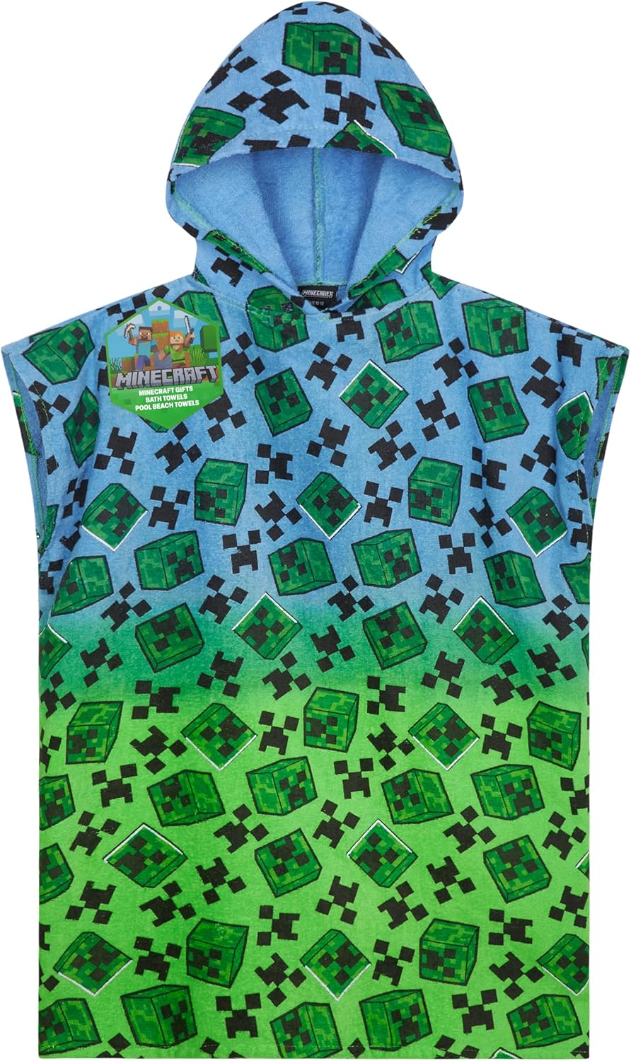 Minecraft Towelling Poncho Kids Teens Hooded Bath Towels Absorbent Beach Towel (Multi, 6-9 Years)