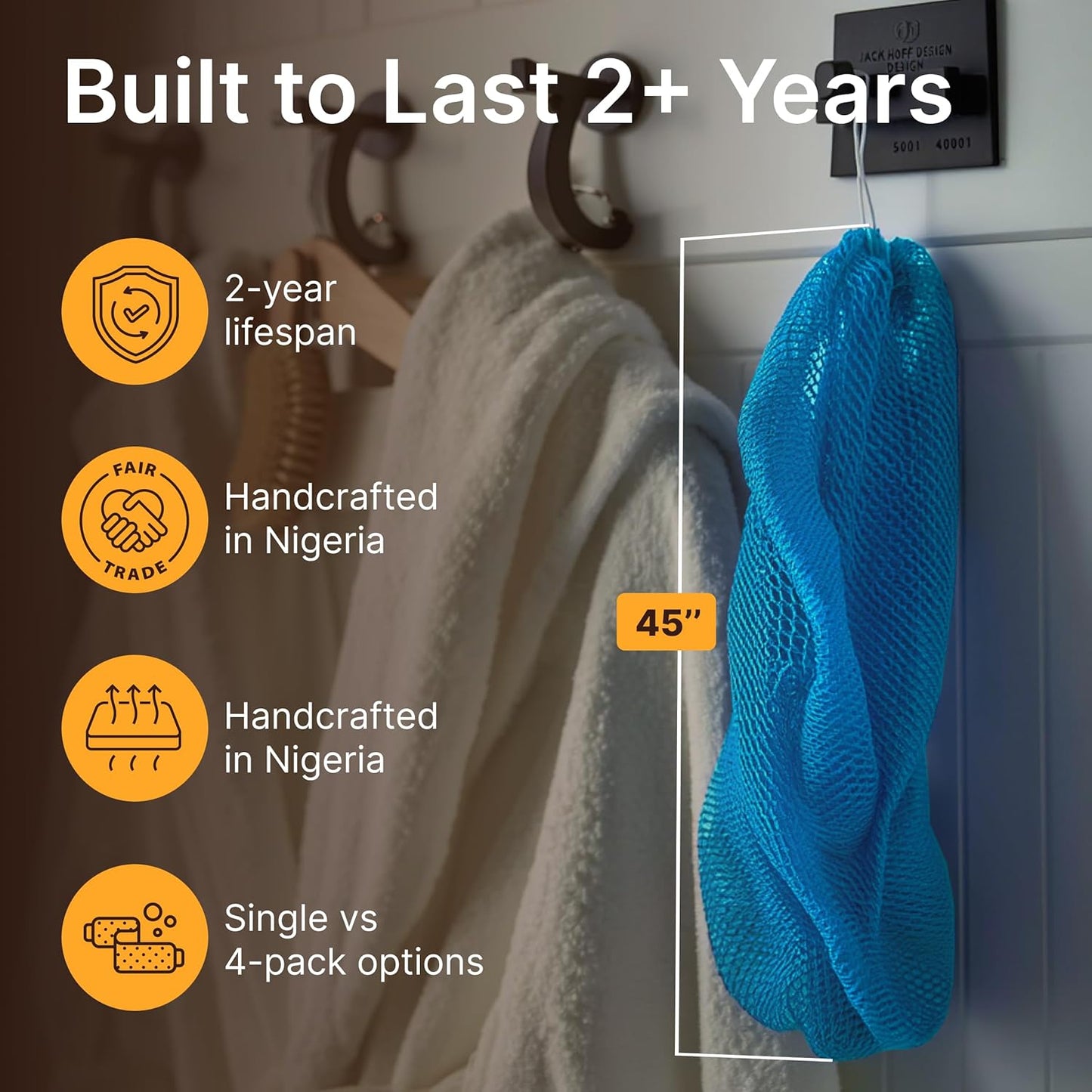 Nubiana African Net Sponge Authentic - 45 Inch Exfoliating Body Sponge from Nigeria - Natural Bath Sponge for Smooth Soft Skin - Long Lasting Quick-Drying - Single Pack (Sky Blue)