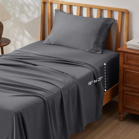 Bedsure Deep Pocket Twin Sheets Set - Fits Mattresses Up to 21 Inches Thick -3 Piece GentleSoft Bed Sheets, Moisture Wicking, Soft & Cooling Bedsheet & Pillowcases, Easy & Secure Fit, Dark Grey