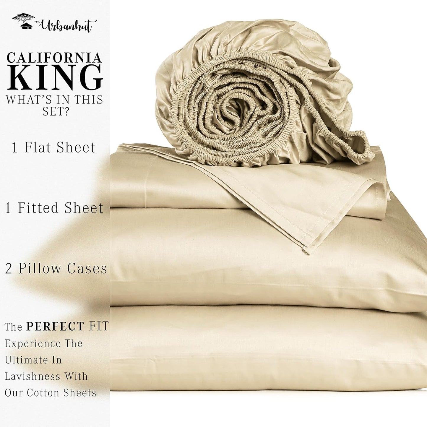 URBANHUT 100% Cotton Sheets - 1000 Thread Count California King Sand Sheet Set (4Pc), Long Staple Cotton Sheets, All Season Sateen Weave, Luxury Hotel Calking Bedsheets,16" Deep Pocket - Sand