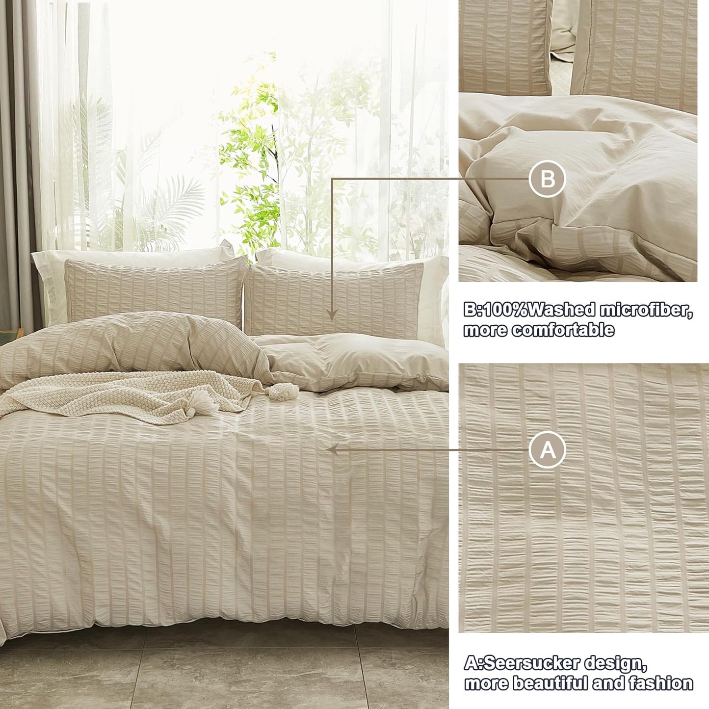 AveLom Beige Seersucker Duvet Cover Set Queen Size (90 x 90 inches), 3 Pieces (1 Duvet Cover + 2 Pillow Cases), Ultra Soft Washed Microfiber, Textured Duvet Cover with Zipper Closure, Corner Ties