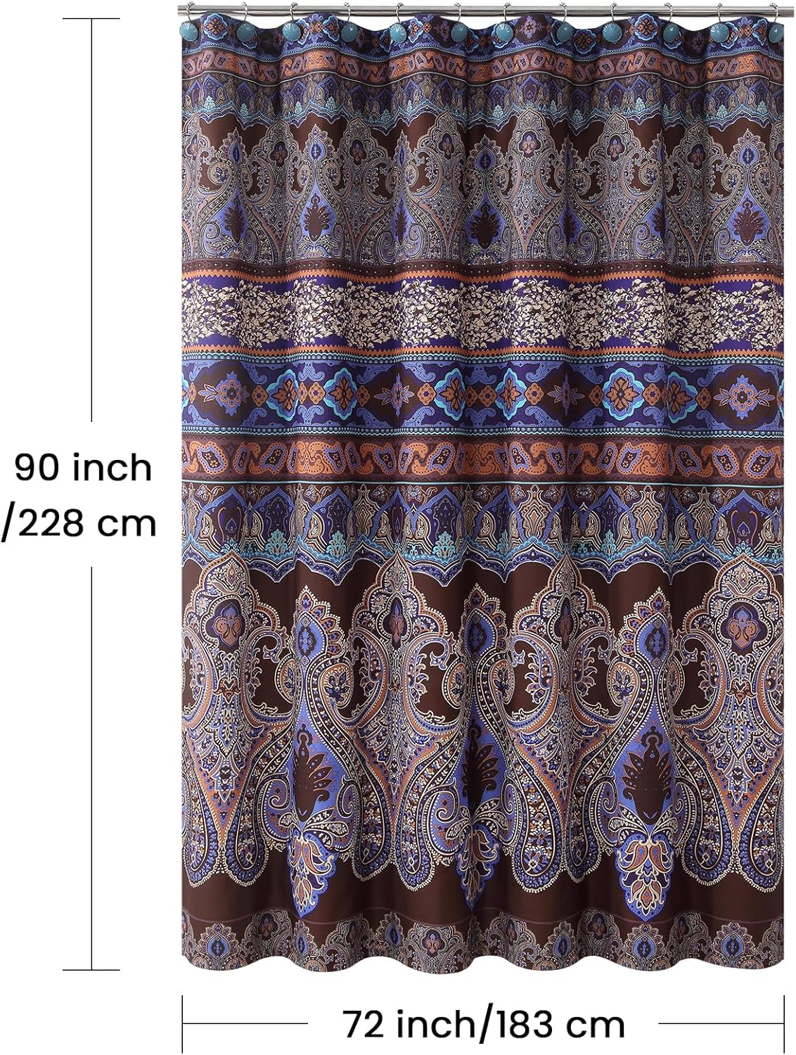 90 Inch Boho Shower Curtain, Extra Long Brown and Blue Bohemian Paisley Pattern Waterproof Fabric Shower Curtains for Bathroom, 72" W x 90" H