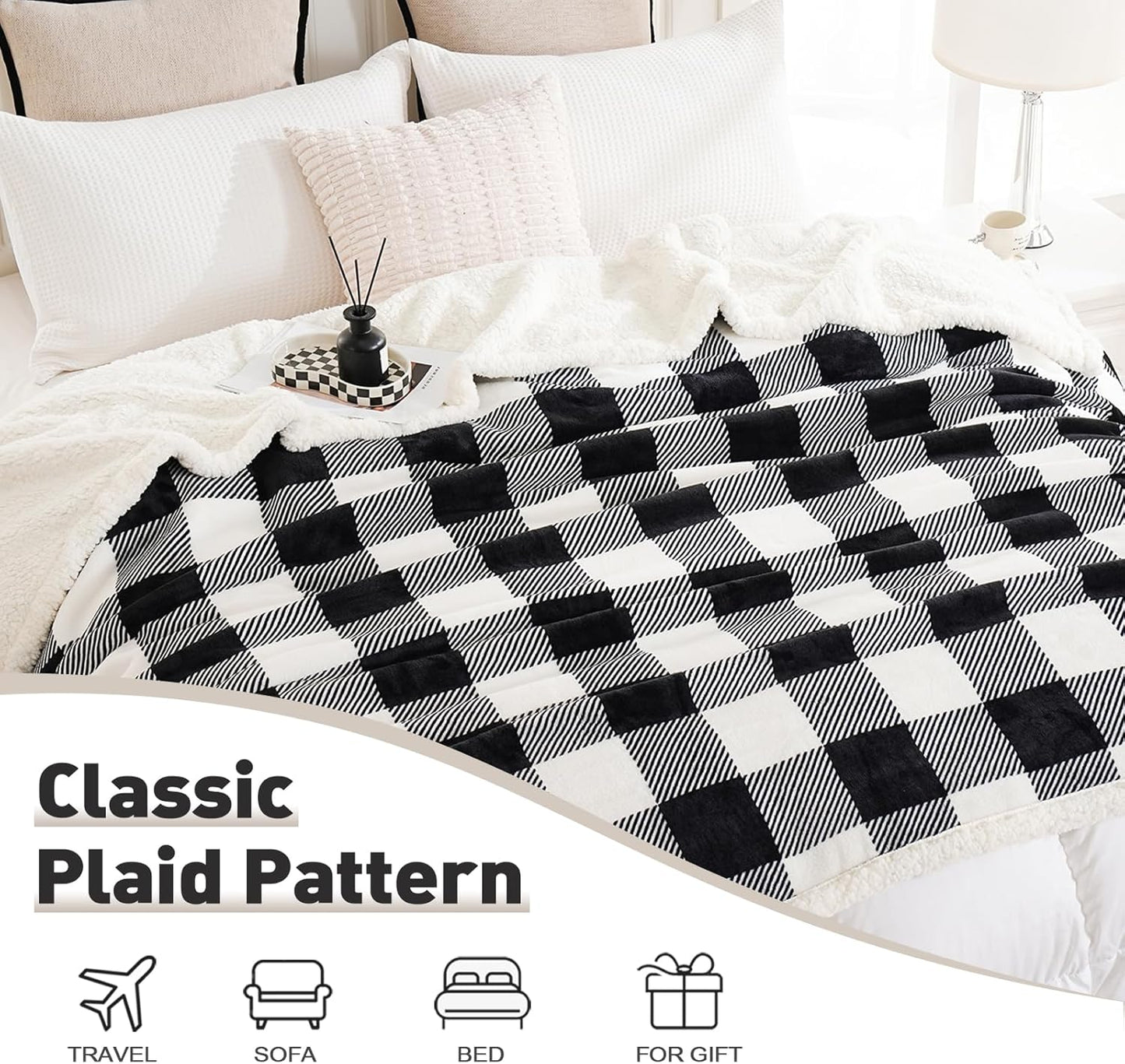 PU MEI Sherpa Fleece Throw Blanket 80" x 90" Reversible Plush Fluffy Large Big Blanket Lattice Flannel Blankets for All Season Use, Black and White