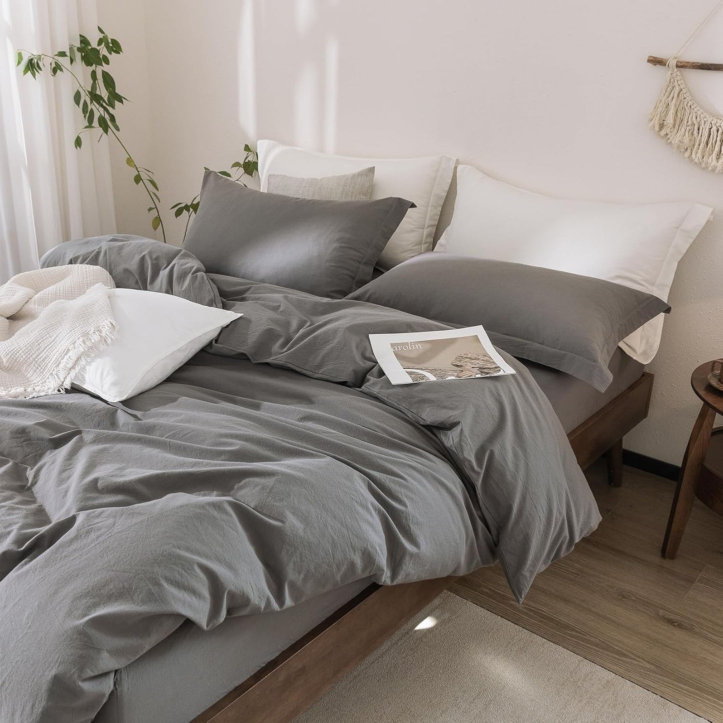 100% Washed Cotton Duvet Cover Queen Size Dark Grey Bedding Set Cover 1 Duvet Cover with Zipper Closure and 2 Pillowcases, 90inch x 90inch