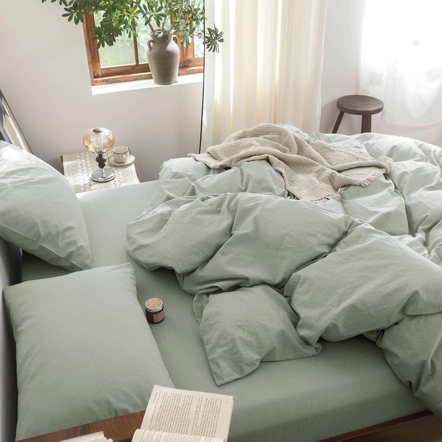 FOSSA Duvet Cover Set 100% Washed Cotton Linen Feel Super Soft Breathable Cozy 3 Pieces Bedding Sets Solid Sage Green Super Queen