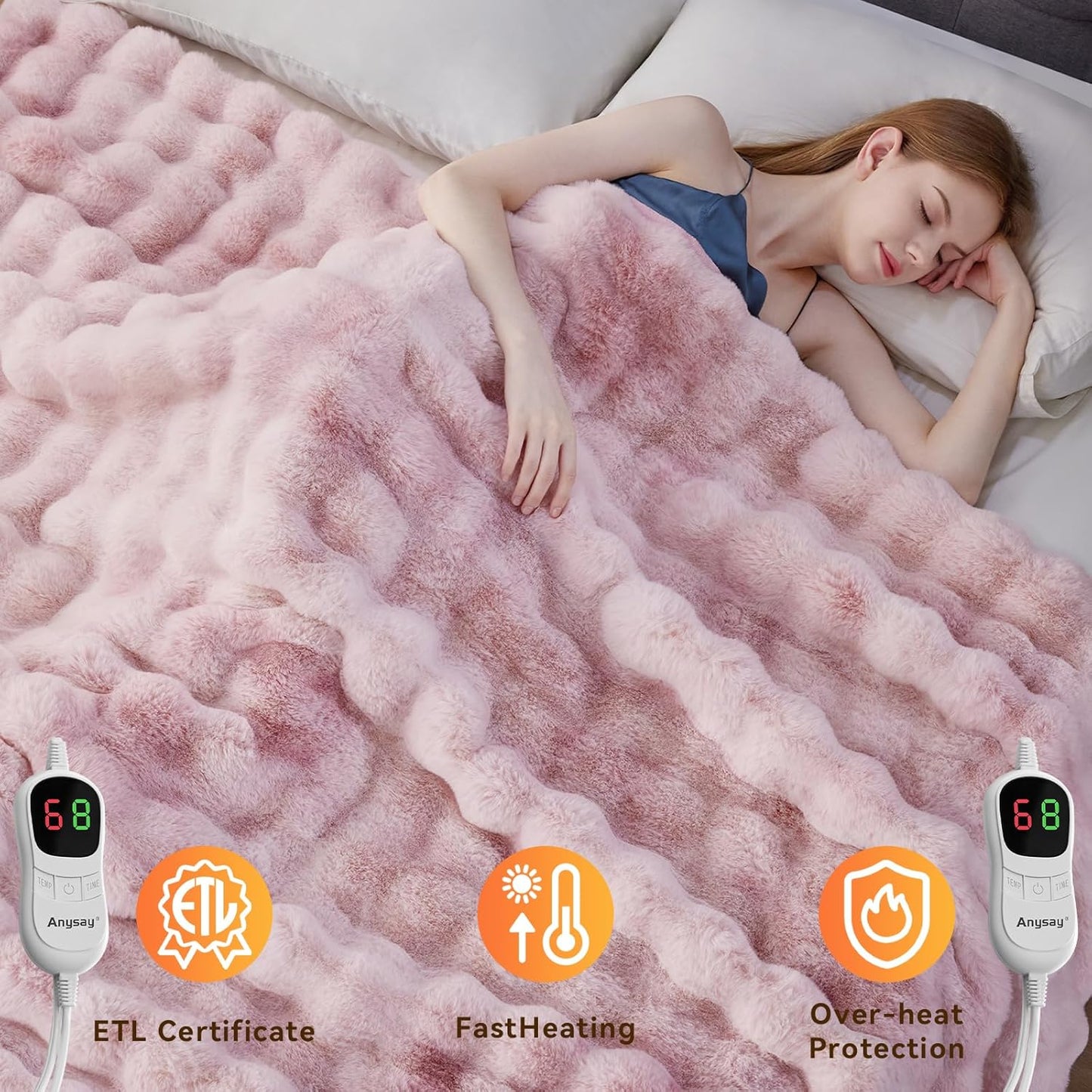 Heated Blanket Throw with 1/2/4/6/8 Hours Auto-Off 10 Heat Level, 90'' * 100'' Cozy Faux Rabbit Fur Bubble Electric Blanket with Overheat Protection(Tie-Dye Pink)