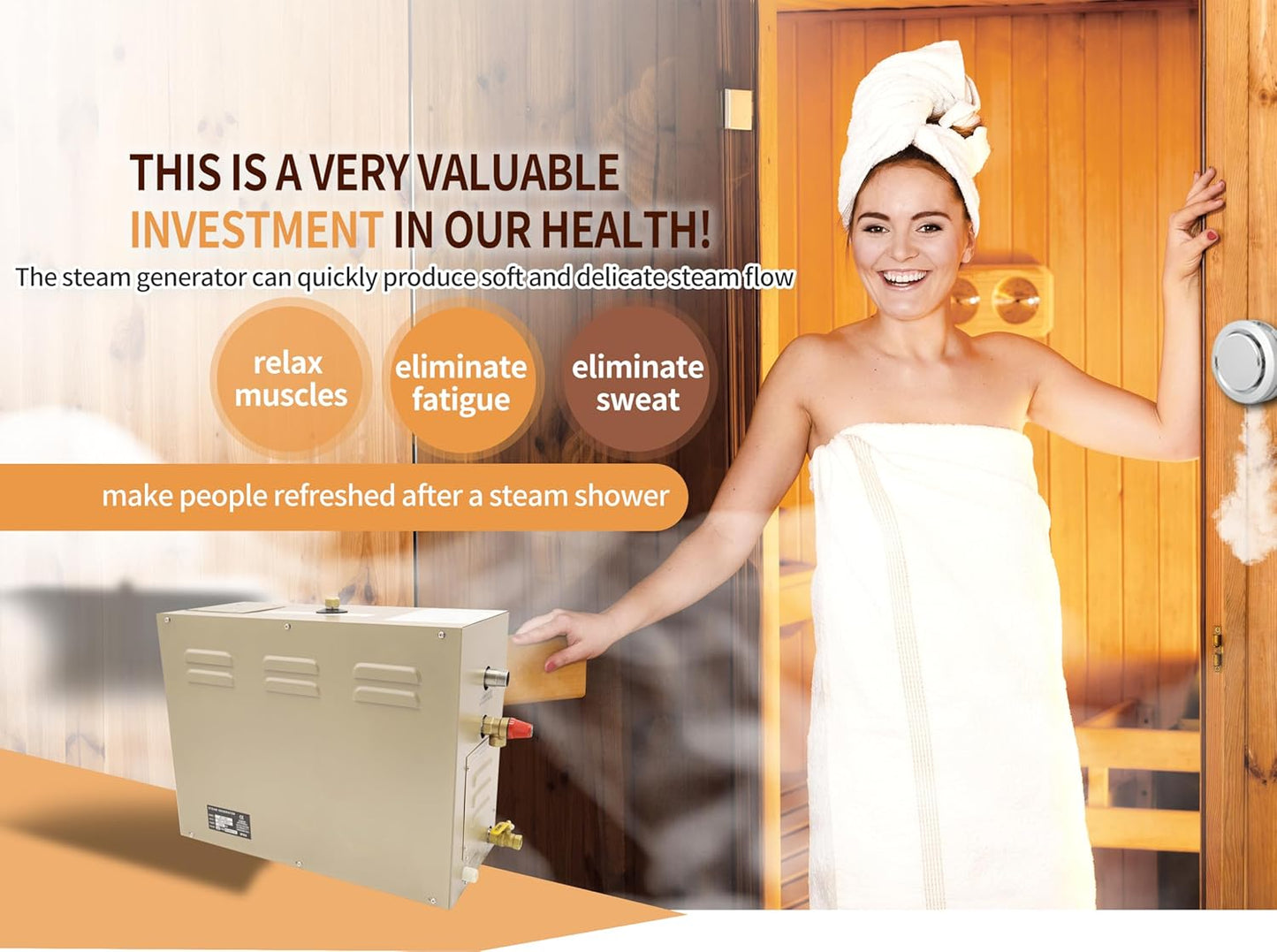 Steam shower generator,9kw Household-Commercial,Steam shower generator kit,with self-draining system,Temperature adjustable 95-131°F,Applicable space 315～350ft3