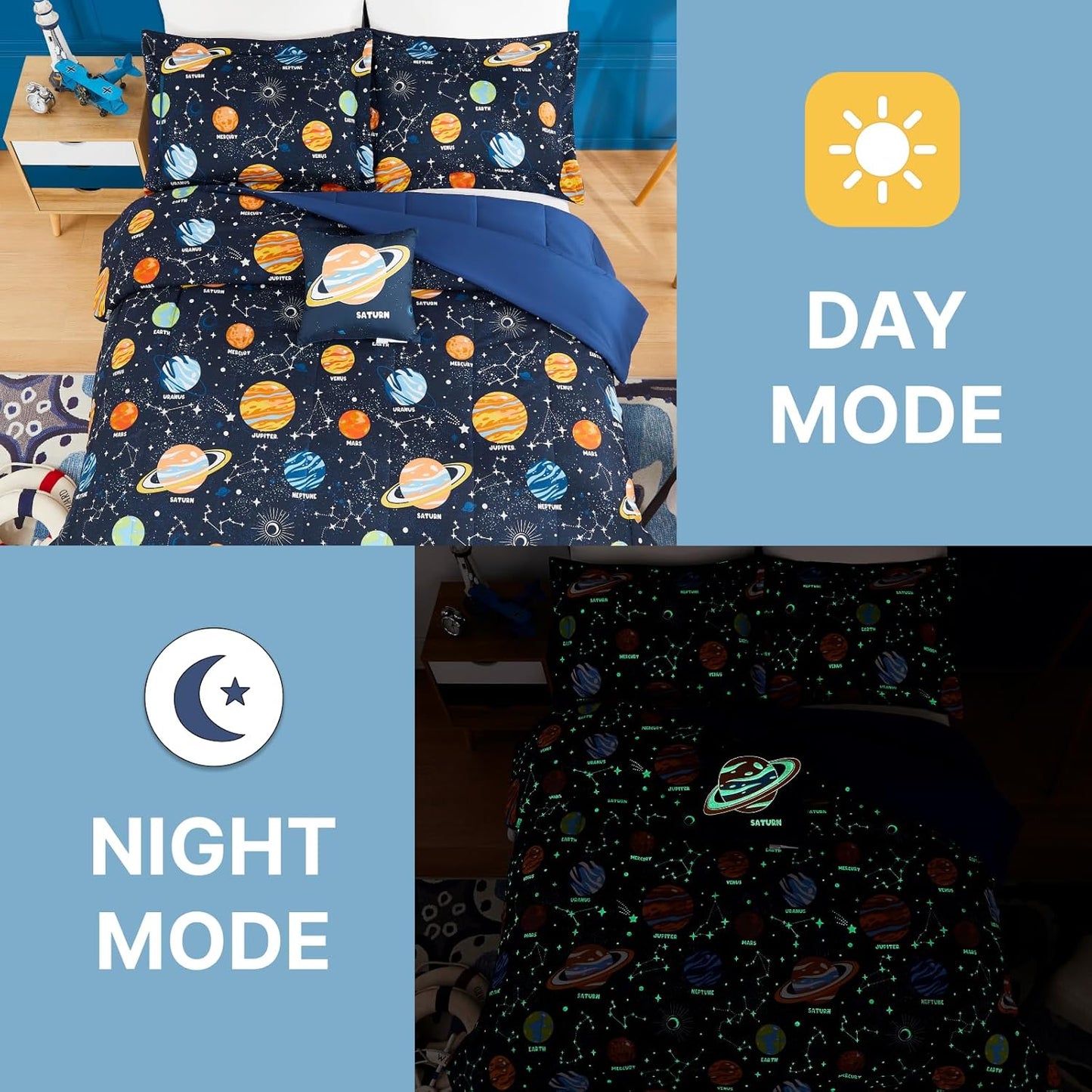 Twin Comforter Set for Boys-3 Pieces Space Glow in The Dark Twin Bedding Sets for Kids,1 Comforter,1 Sham and 1 Decor Pillow