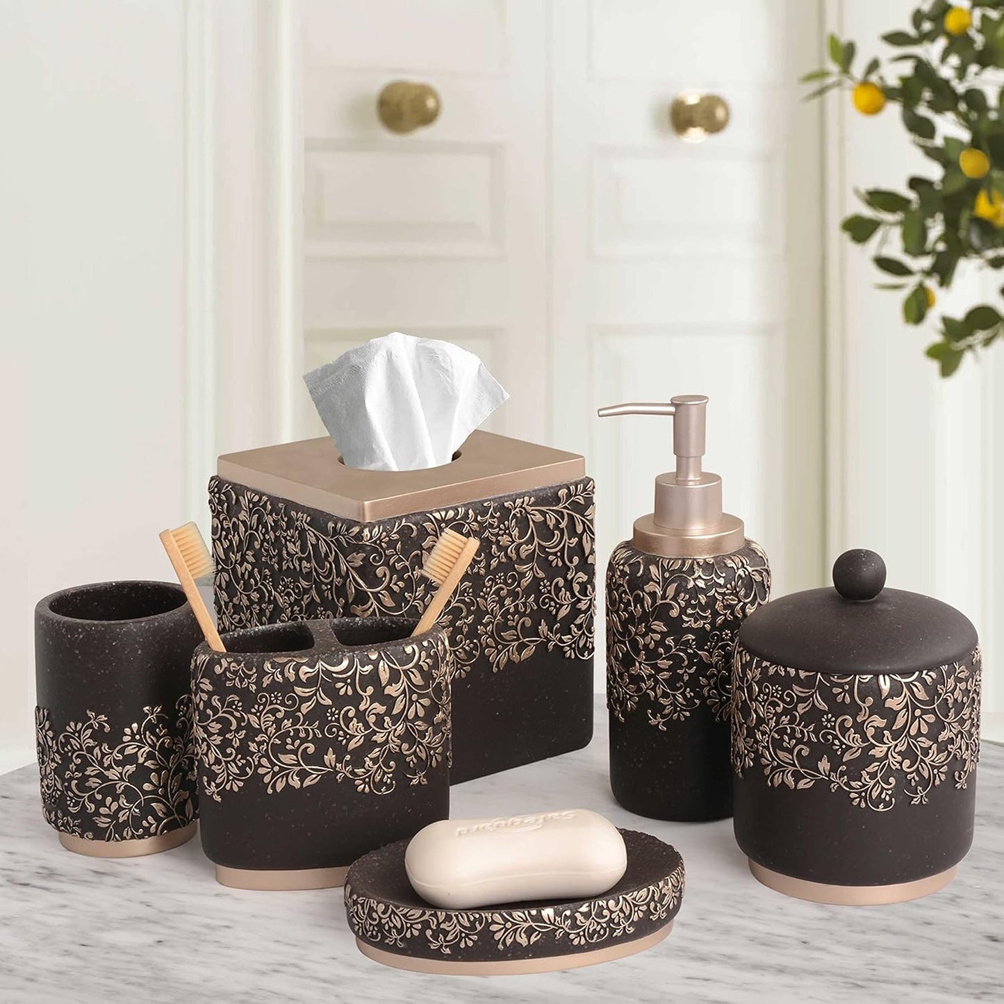 Decozen Bathroom Accessories Set 6Pcs – Soap Dispenser, Toothbrush Holder, Tumbler, Soap Dish & Cotton Swab Jar – Modern Bathroom Decor, Bath Set for Christmas Decor, Stella